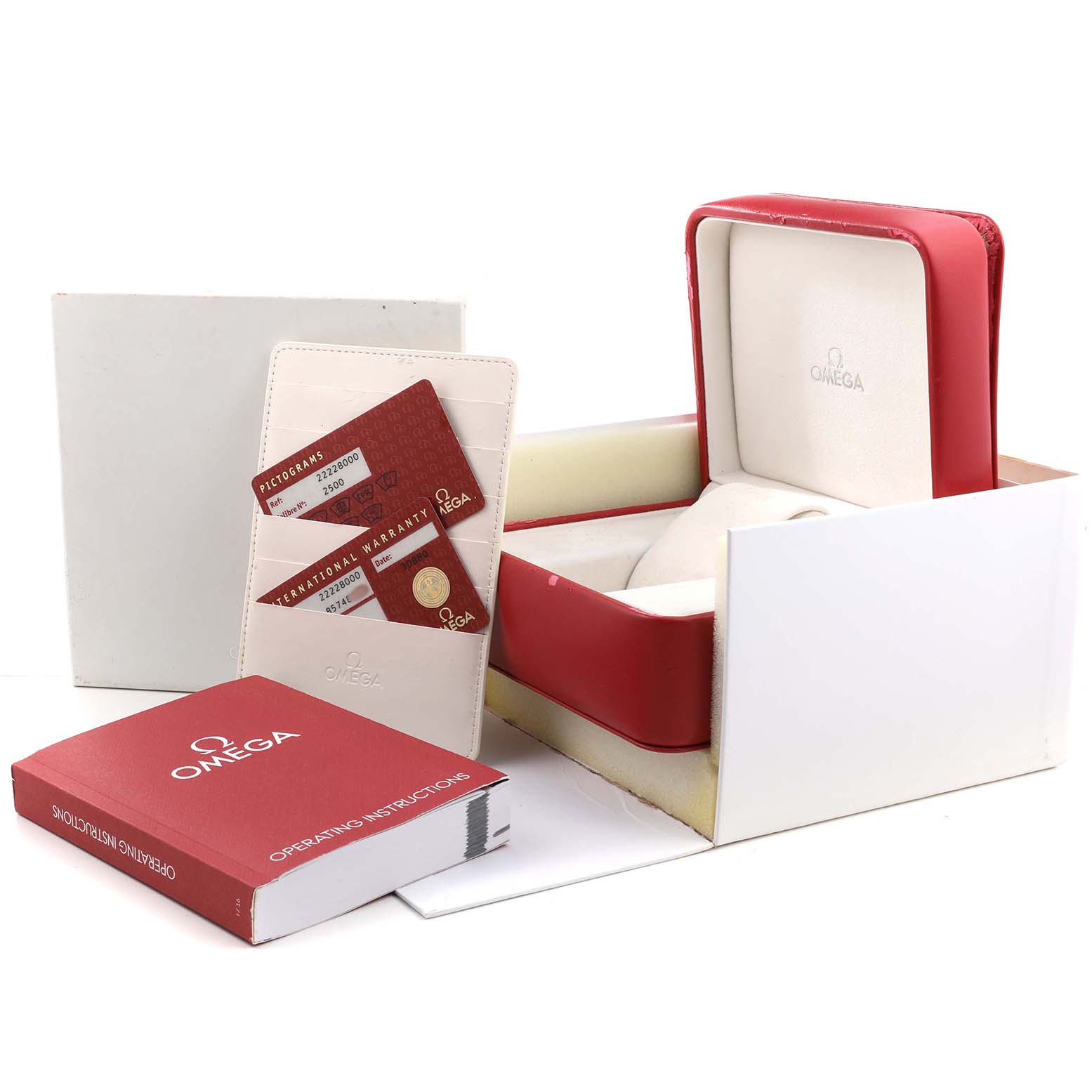 The image shows an Omega Seamaster 2222.80.00 Men's Stainless Steel Blue Dial's packaging with a box, warranty cards, and an instruction manual.