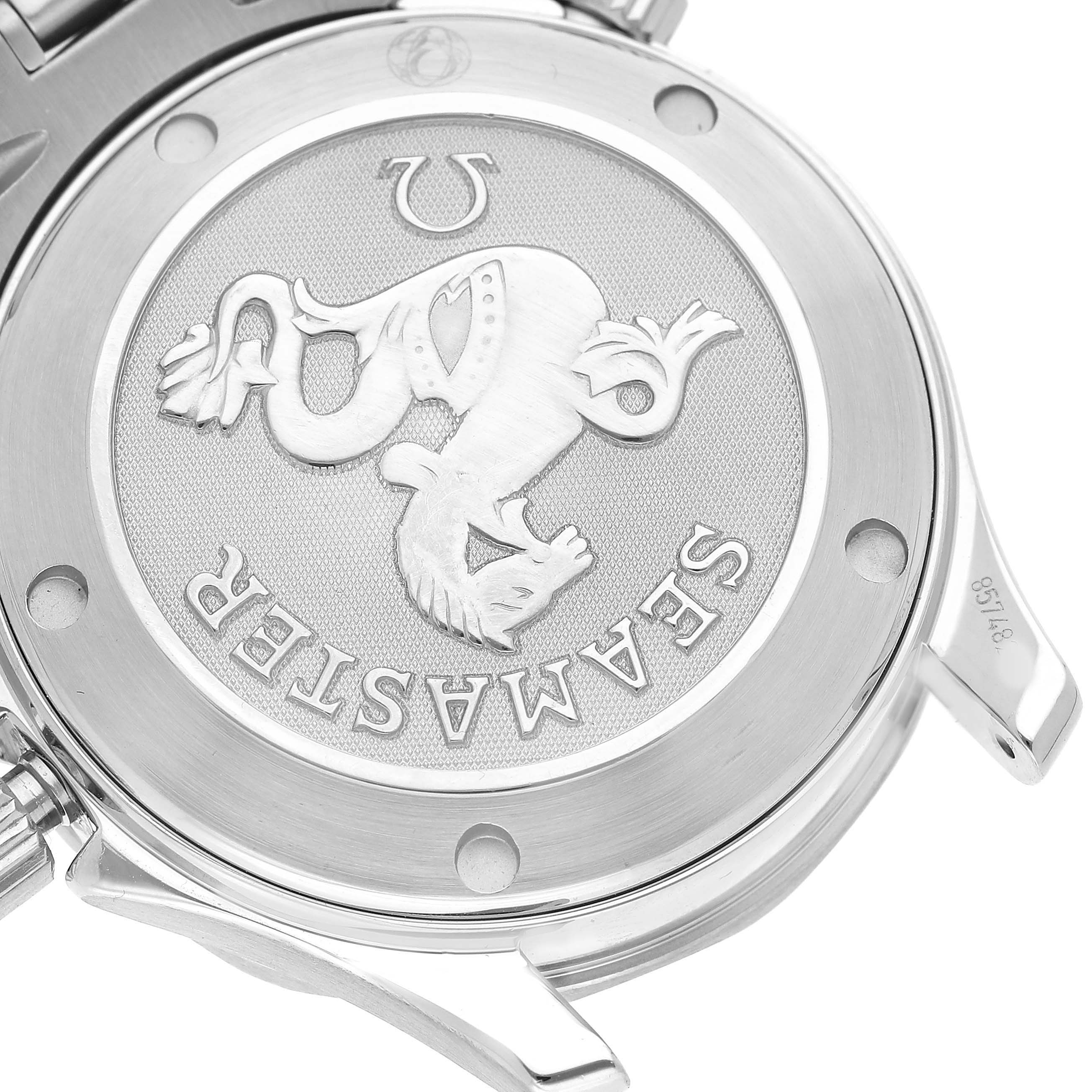 The image shows the case back of an Omega Seamaster 2222.80.00 Men's Stainless Steel Blue Dial watch, featuring the emblem and branding.