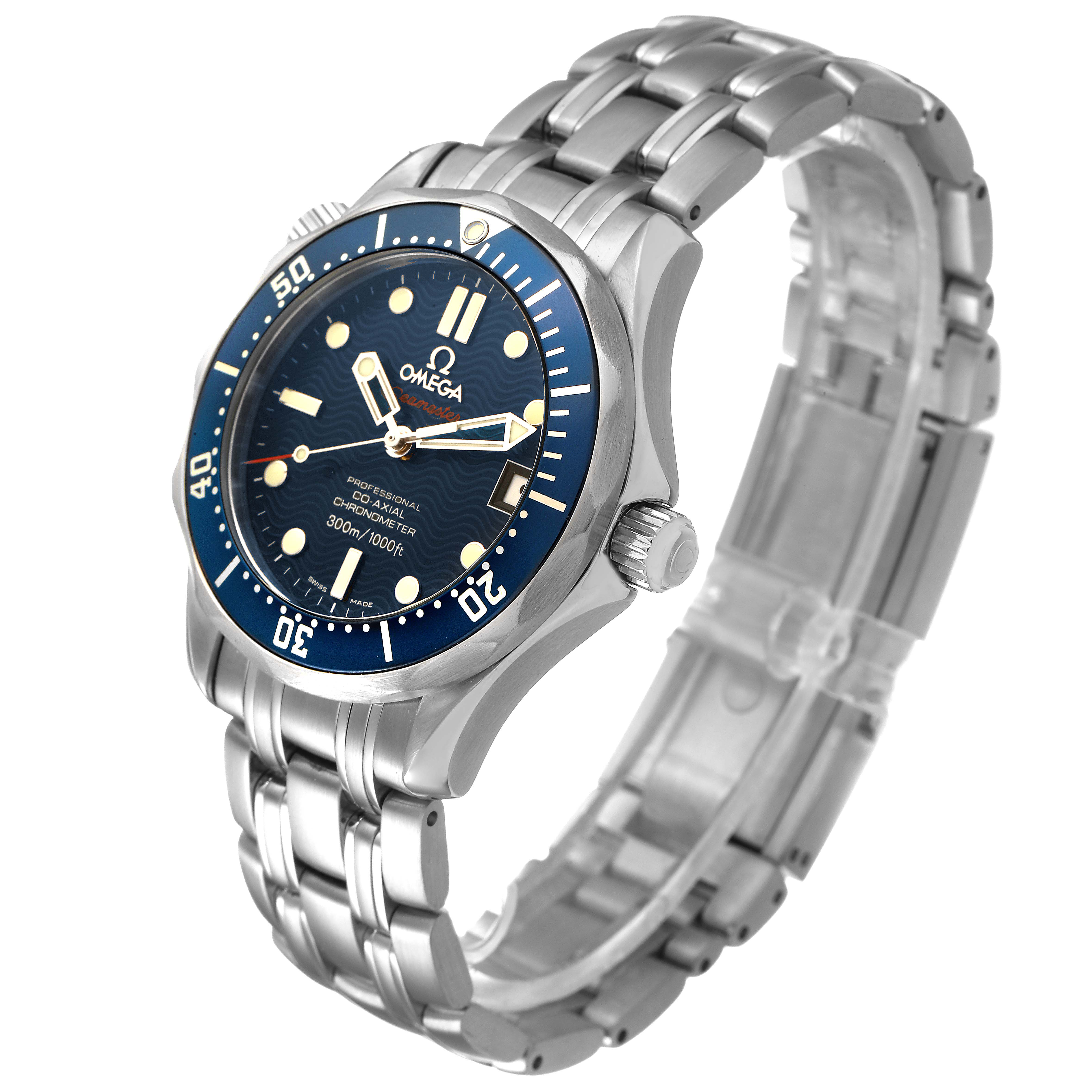 The Omega Seamaster 2222.80.00 Men's Stainless Steel Blue Dial model is shown at an angled side view, highlighting its dial, bezel, crown, and bracelet.