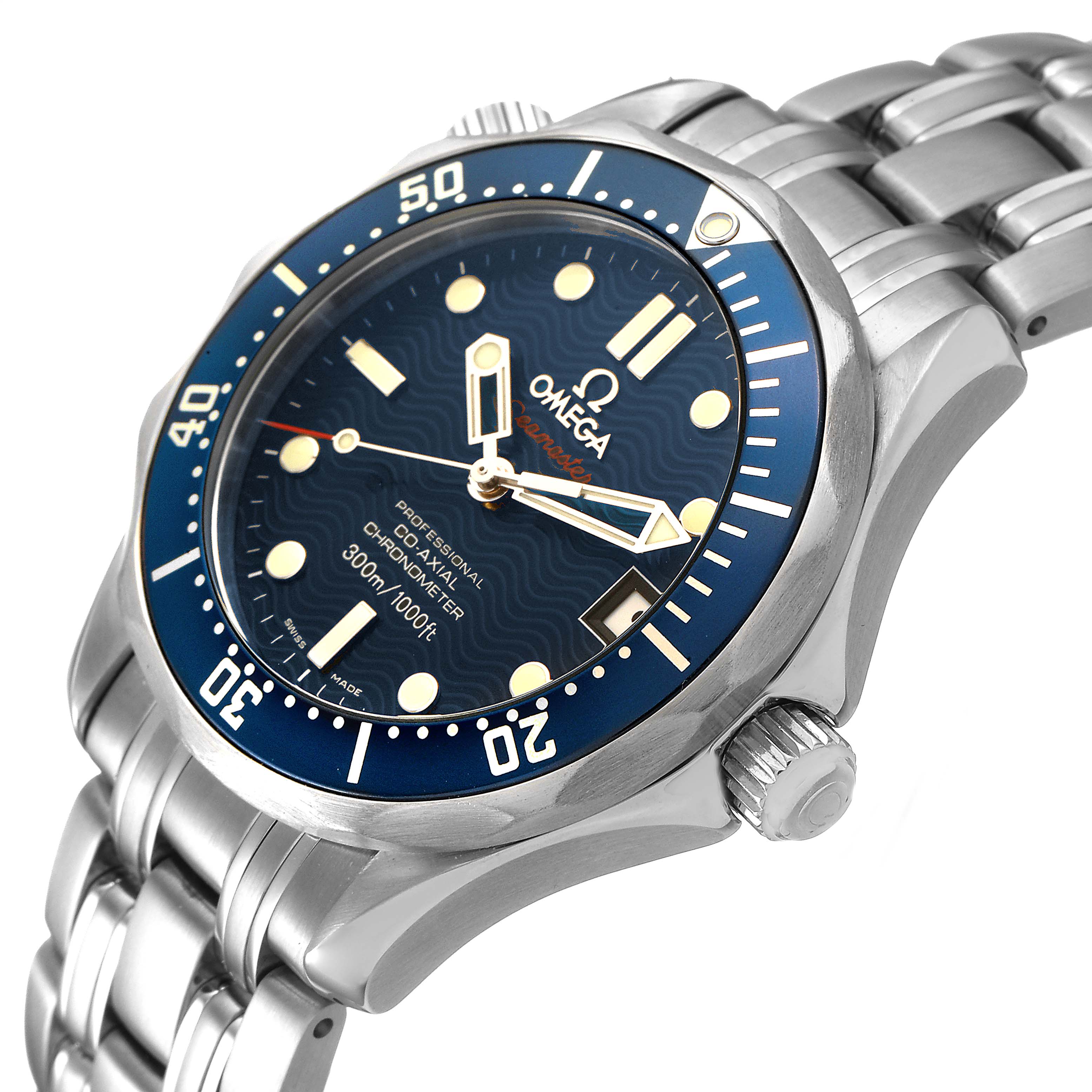 The Omega Seamaster 2222.80.00 Men's Stainless Steel Blue Dial watch is shown at a slight angle, highlighting the dial, bezel, and part of the bracelet.