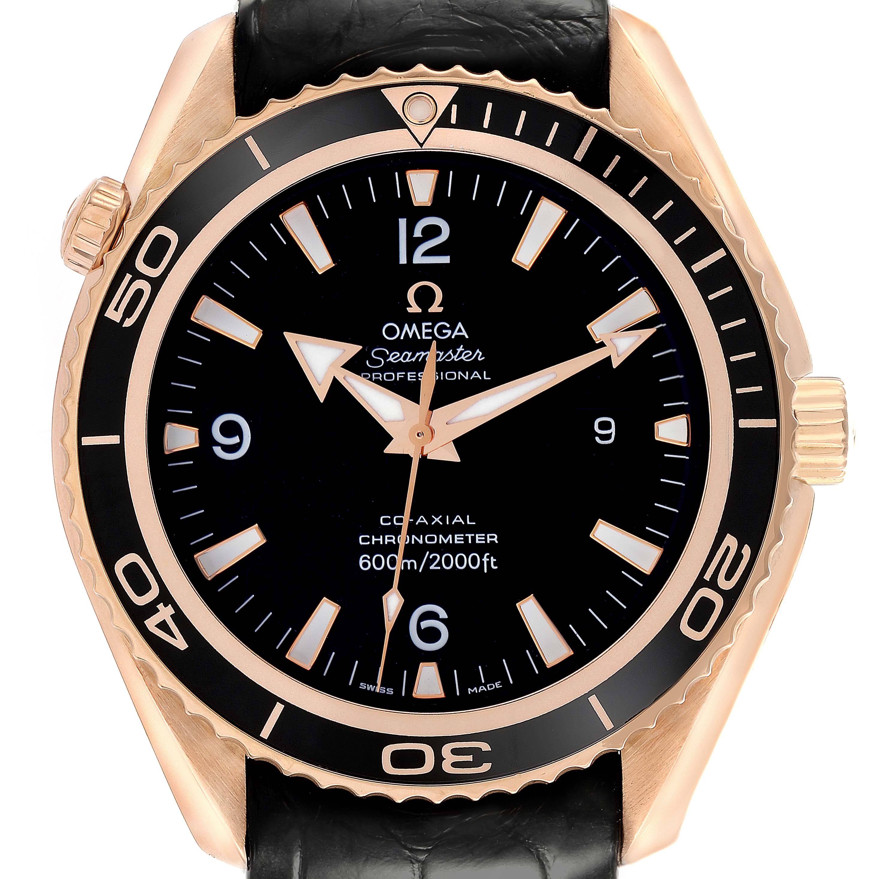 The image shows the Omega Planet Ocean 222.63.46.20.01.001 Men's Rose Gold Black Dial 222.63.46.20.01.001 Men's Rose Gold Black Dial watch face, bezel, crown, and strap front-on.
