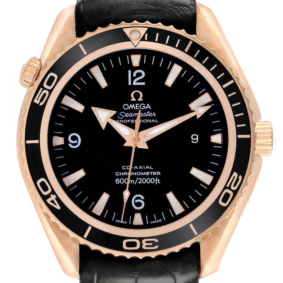 The image shows the Omega Planet Ocean watch face, bezel, crown, and strap front-on.
