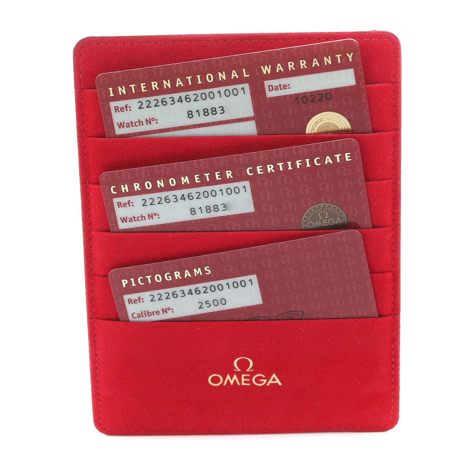 The image shows a red Omega cardholder with international warranty, chronometer certificate, and pictograms cards for the Omega Planet Ocean 222.63.46.20.01.001 Men's Rose Gold Black Dial 222.63.46.20.01.001 Men's Rose Gold Black Dial model.
