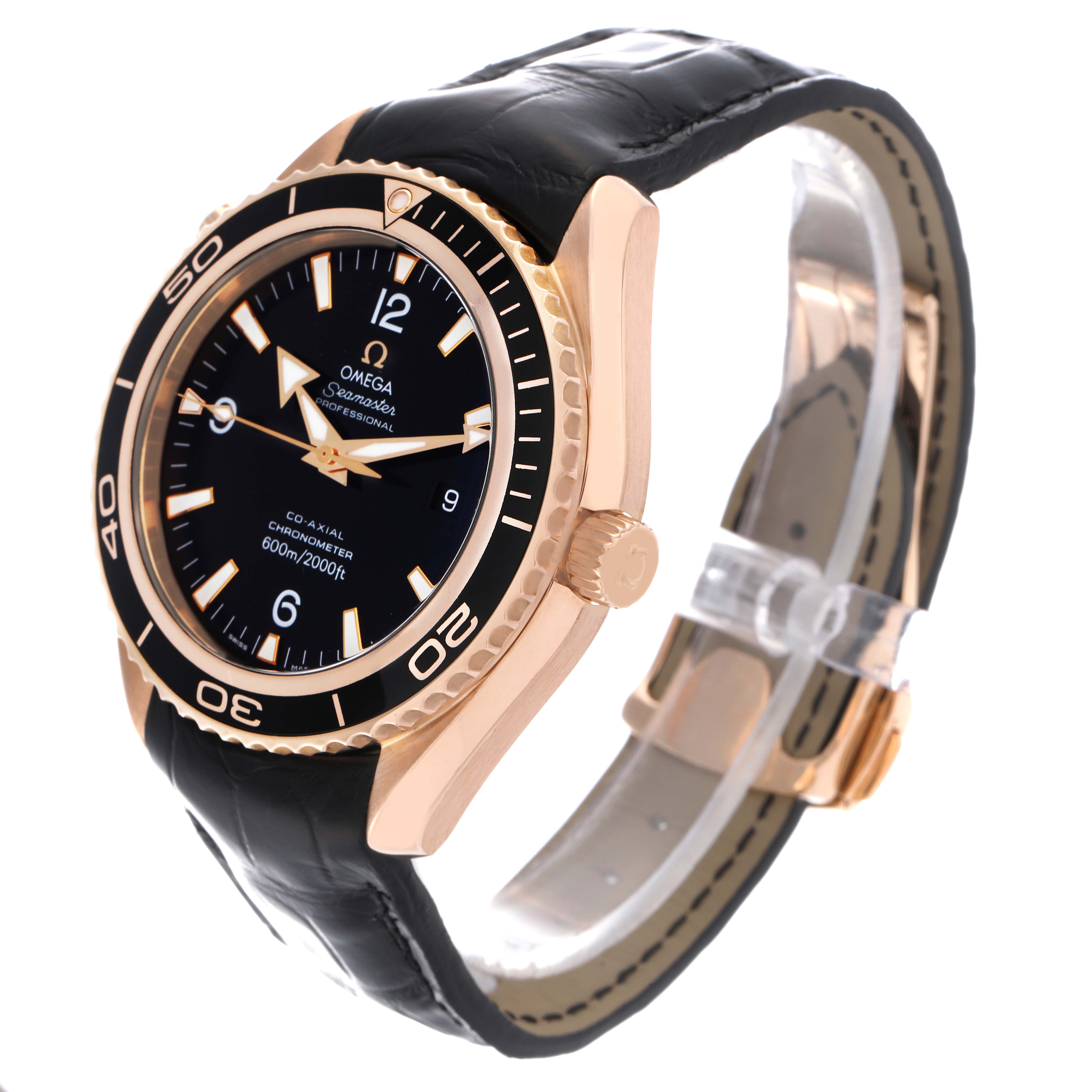 The Omega Planet Ocean 222.63.46.20.01.001 Men's Rose Gold Black Dial 222.63.46.20.01.001 Men's Rose Gold Black Dial watch is shown at an angle displaying the face, bezel, crown, and leather strap.