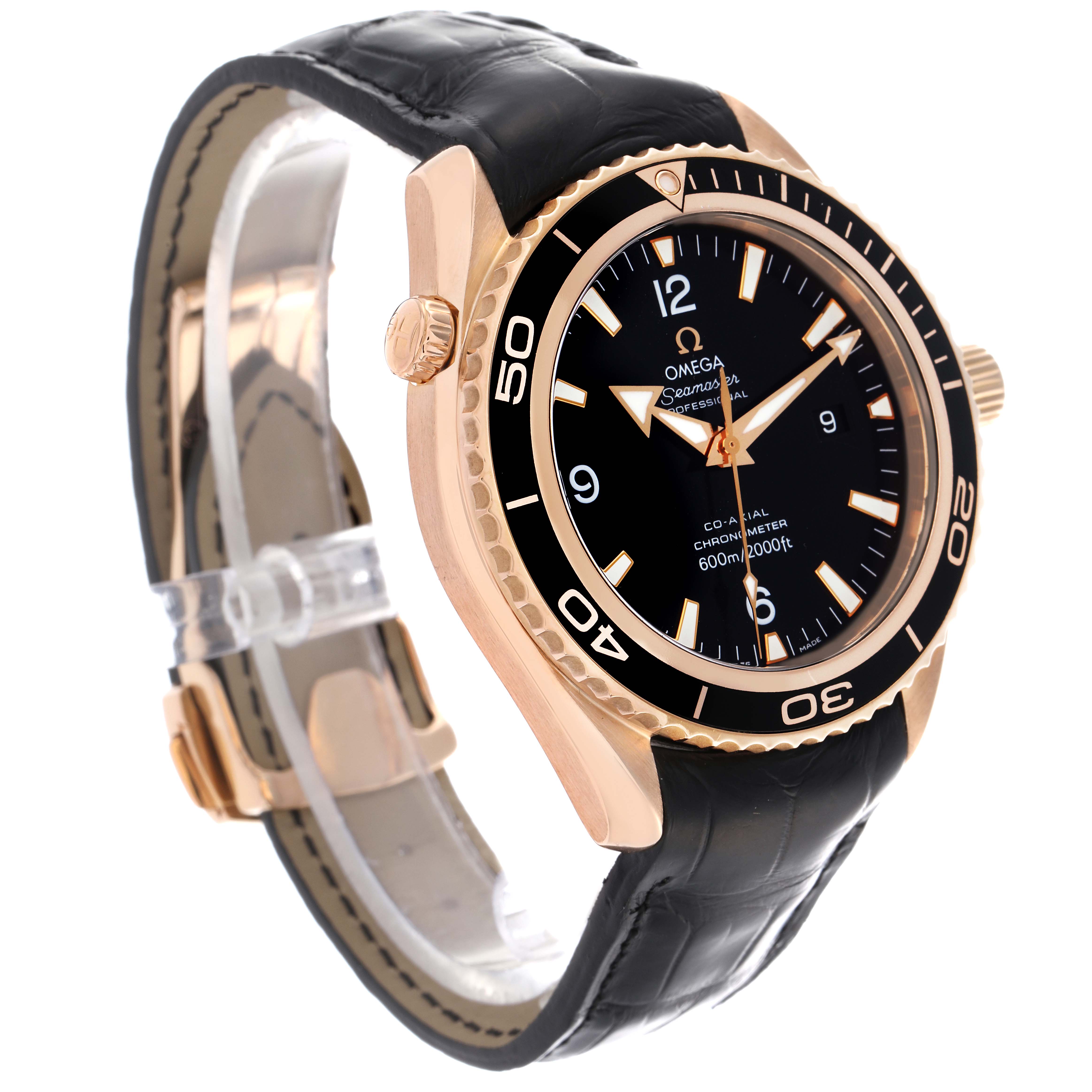 The Omega Planet Ocean 222.63.46.20.01.001 Men's Rose Gold Black Dial 222.63.46.20.01.001 Men's Rose Gold Black Dial watch is shown at a front-side angle, highlighting the case, bezel, dial, crown, and leather strap.