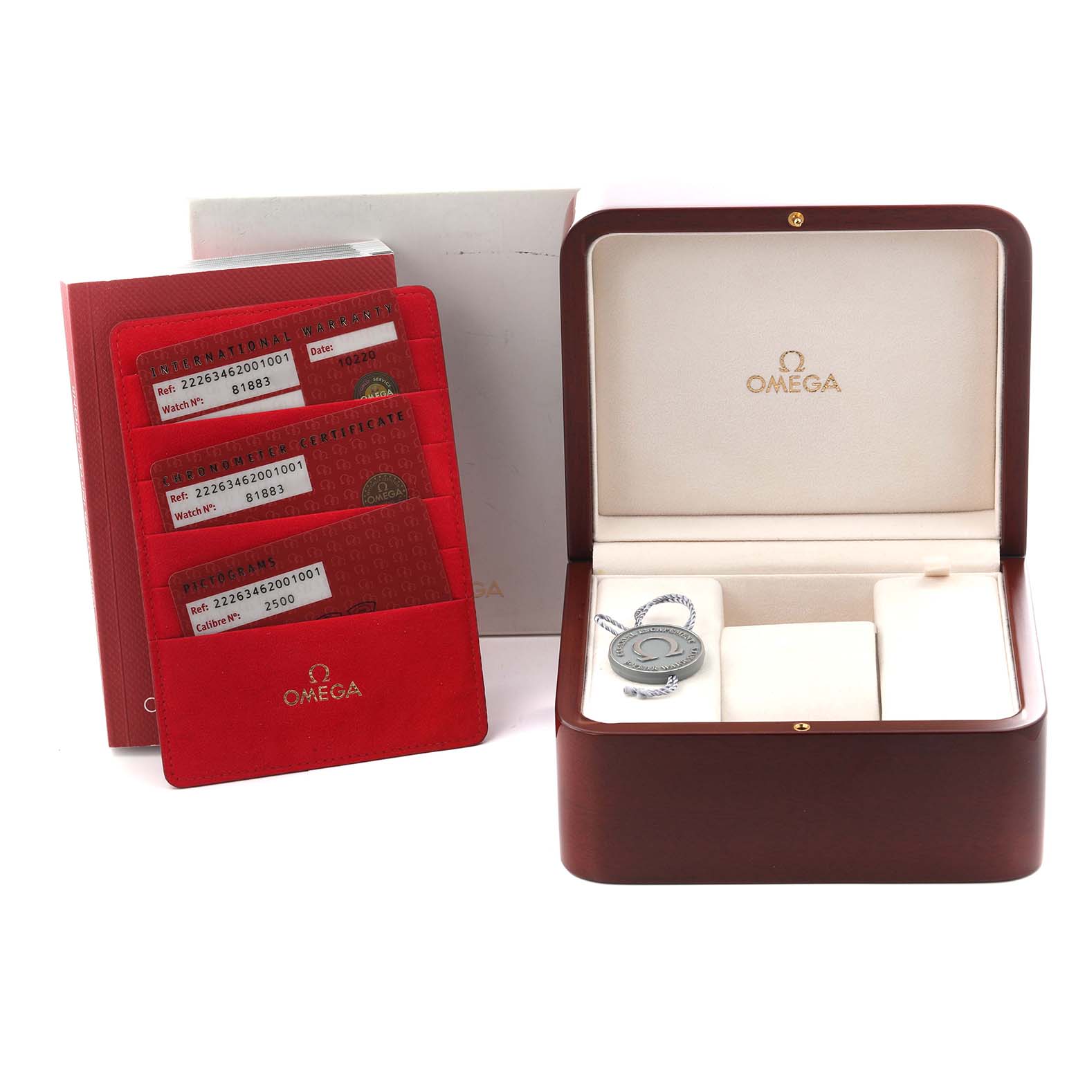 The image shows the Omega Planet Ocean 222.63.46.20.01.001 Men's Rose Gold Black Dial 222.63.46.20.01.001 Men's Rose Gold Black Dial watch box, warranty cards, and accessories from a front angle.