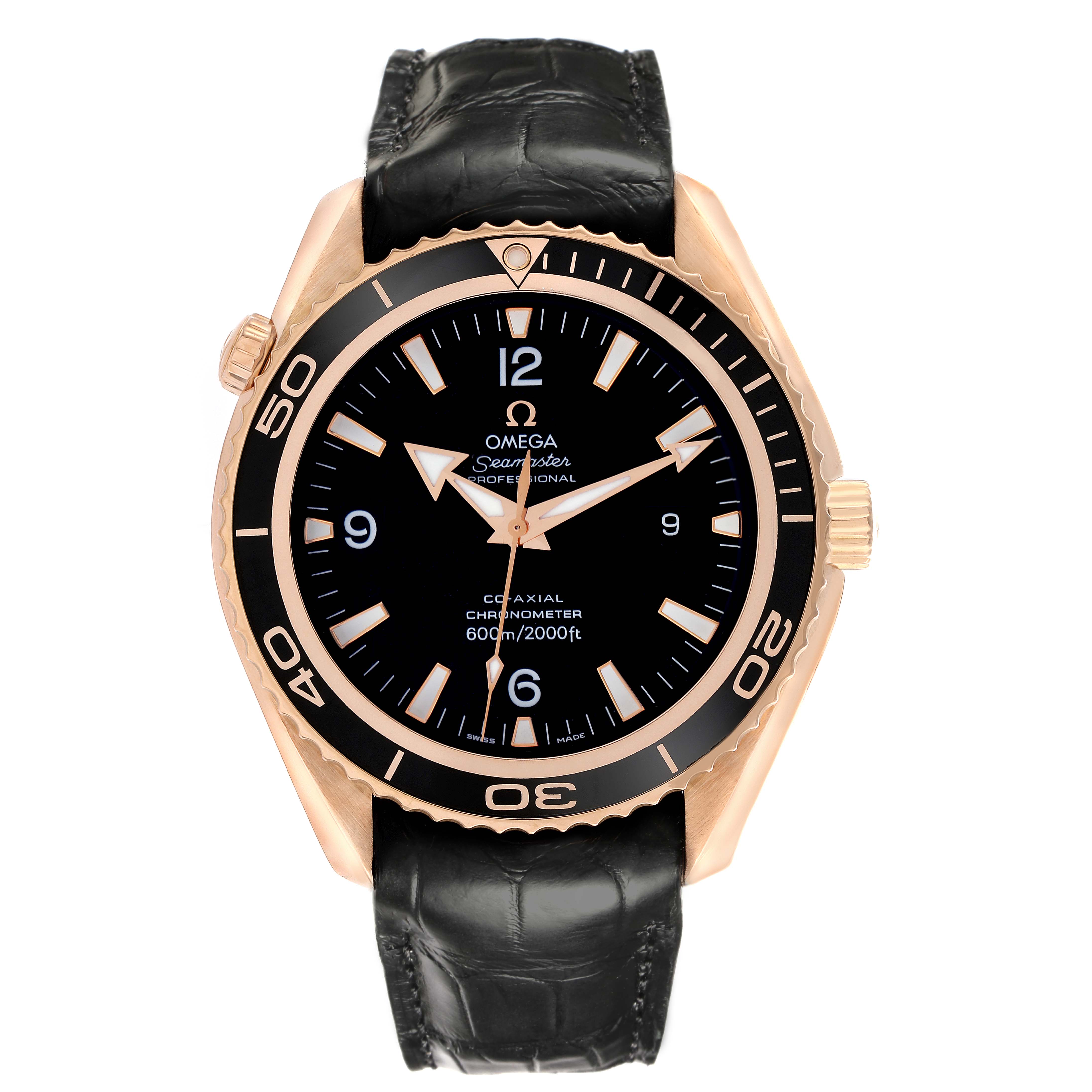 The Omega Planet Ocean 222.63.46.20.01.001 Men's Rose Gold Black Dial 222.63.46.20.01.001 Men's Rose Gold Black Dial watch is shown from the front, displaying its dial, bezel, case, crown, and leather strap.