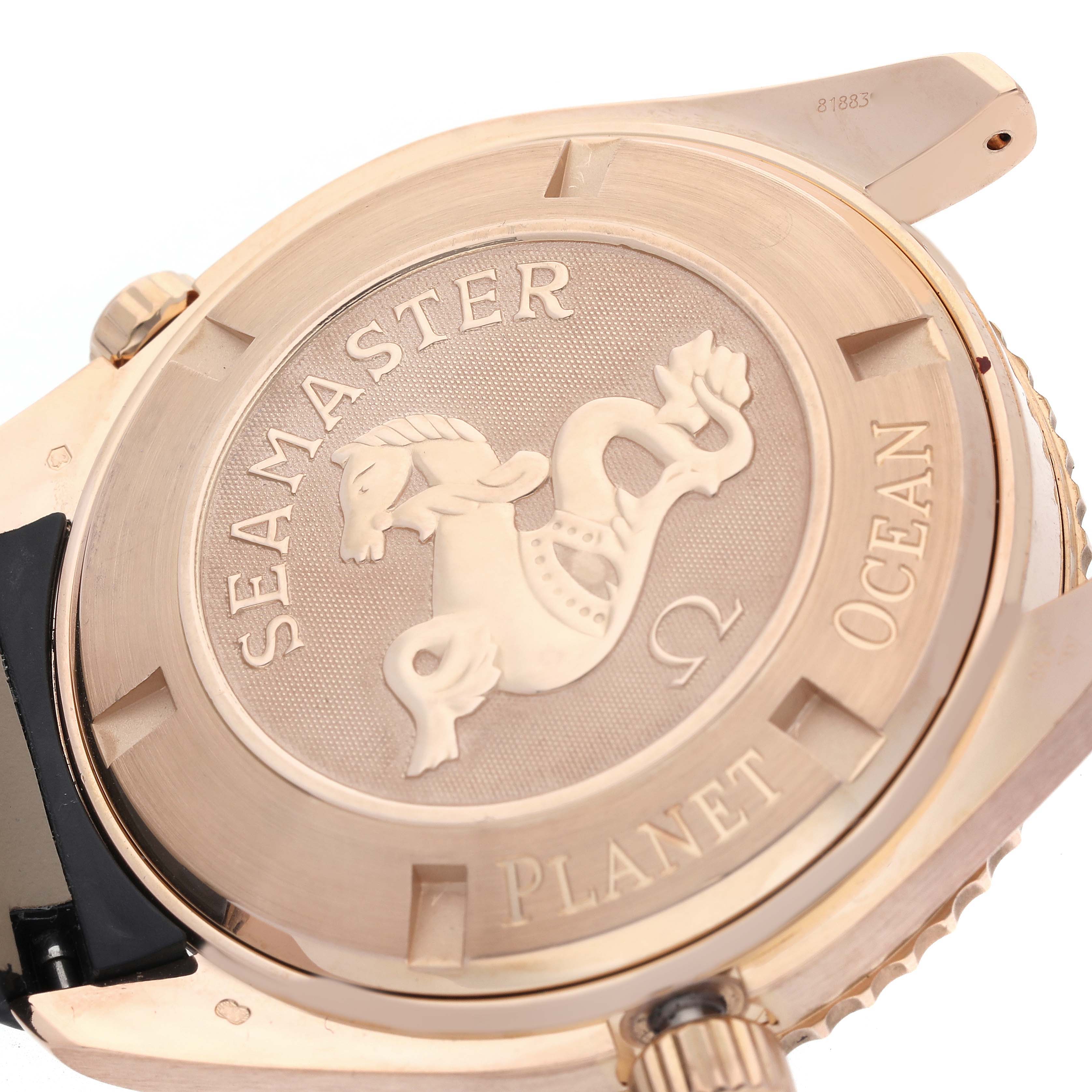 The image shows the case back of the Omega Planet Ocean 222.63.46.20.01.001 Men's Rose Gold Black Dial 222.63.46.20.01.001 Men's Rose Gold Black Dial watch, featuring the Seamaster logo and branding.