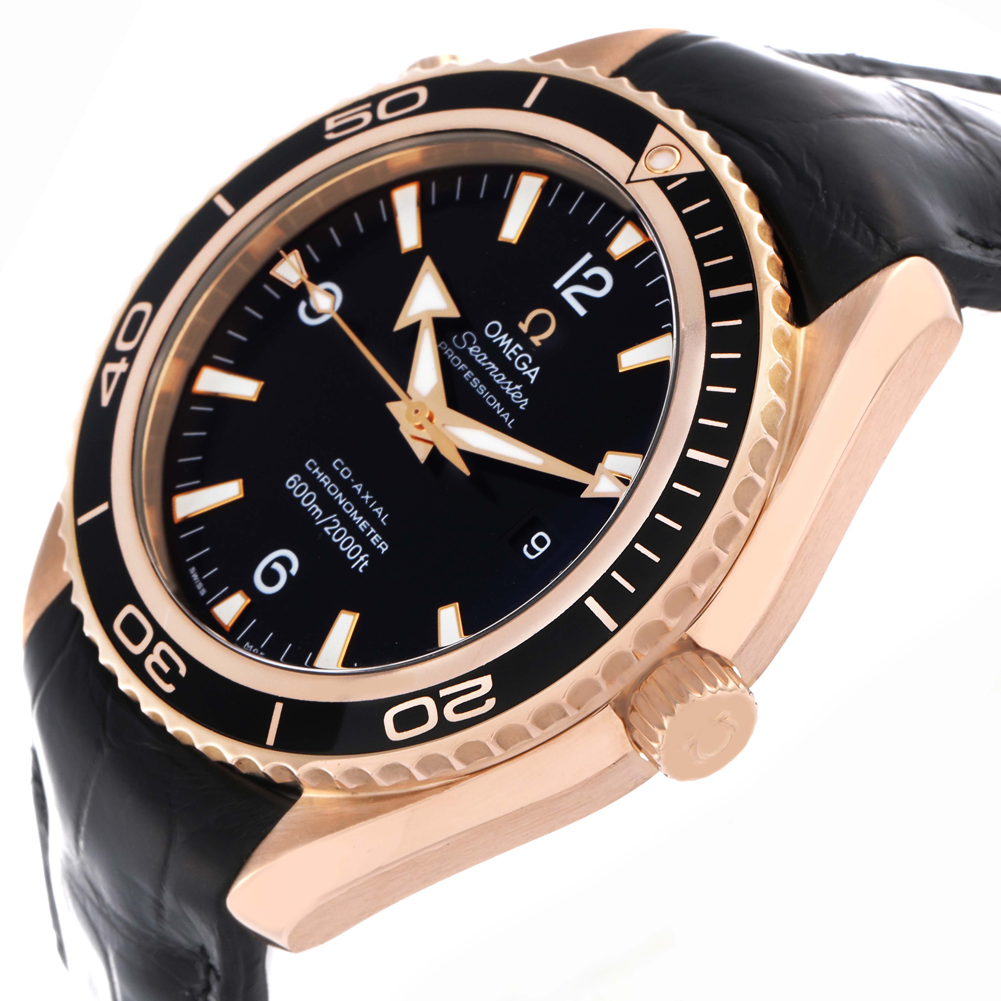 The Omega Planet Ocean 222.63.46.20.01.001 Men's Rose Gold Black Dial 222.63.46.20.01.001 Men's Rose Gold Black Dial watch is shown at a three-quarter angle, highlighting the bezel, face, crown, and part of the strap.