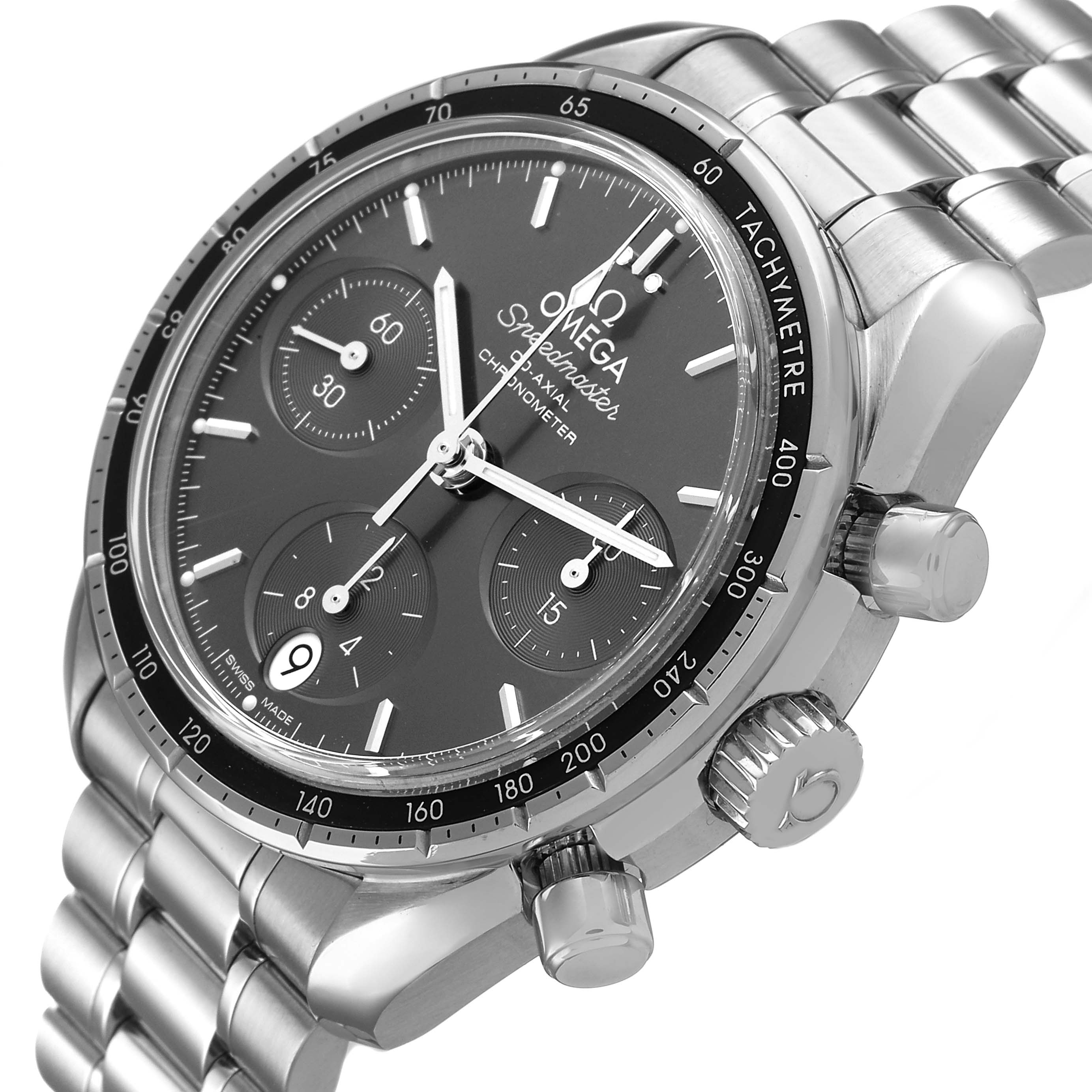 The Omega Speedmaster 324.30.38.50.06.001 Men's Stainless Steel Grey Dial watch is shown at a three-quarter angle, highlighting its dial, tachymeter bezel, and chronograph pushers.