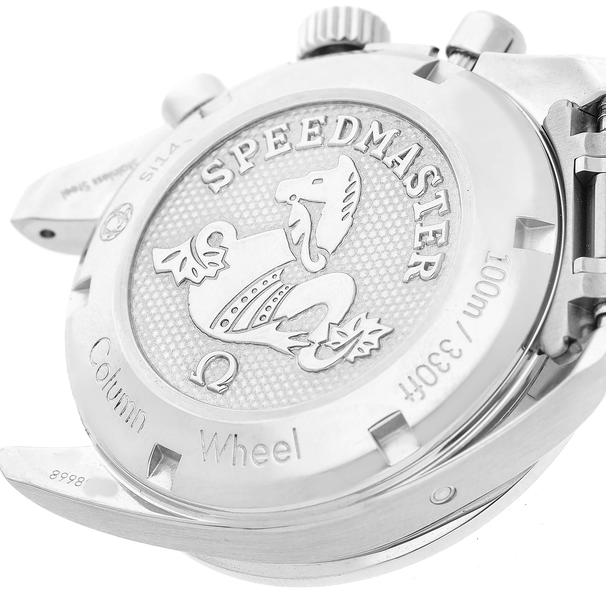 The image shows the back case of the Omega Speedmaster 324.30.38.50.06.001 Men's Stainless Steel Grey Dial, highlighting its engravings and logo.