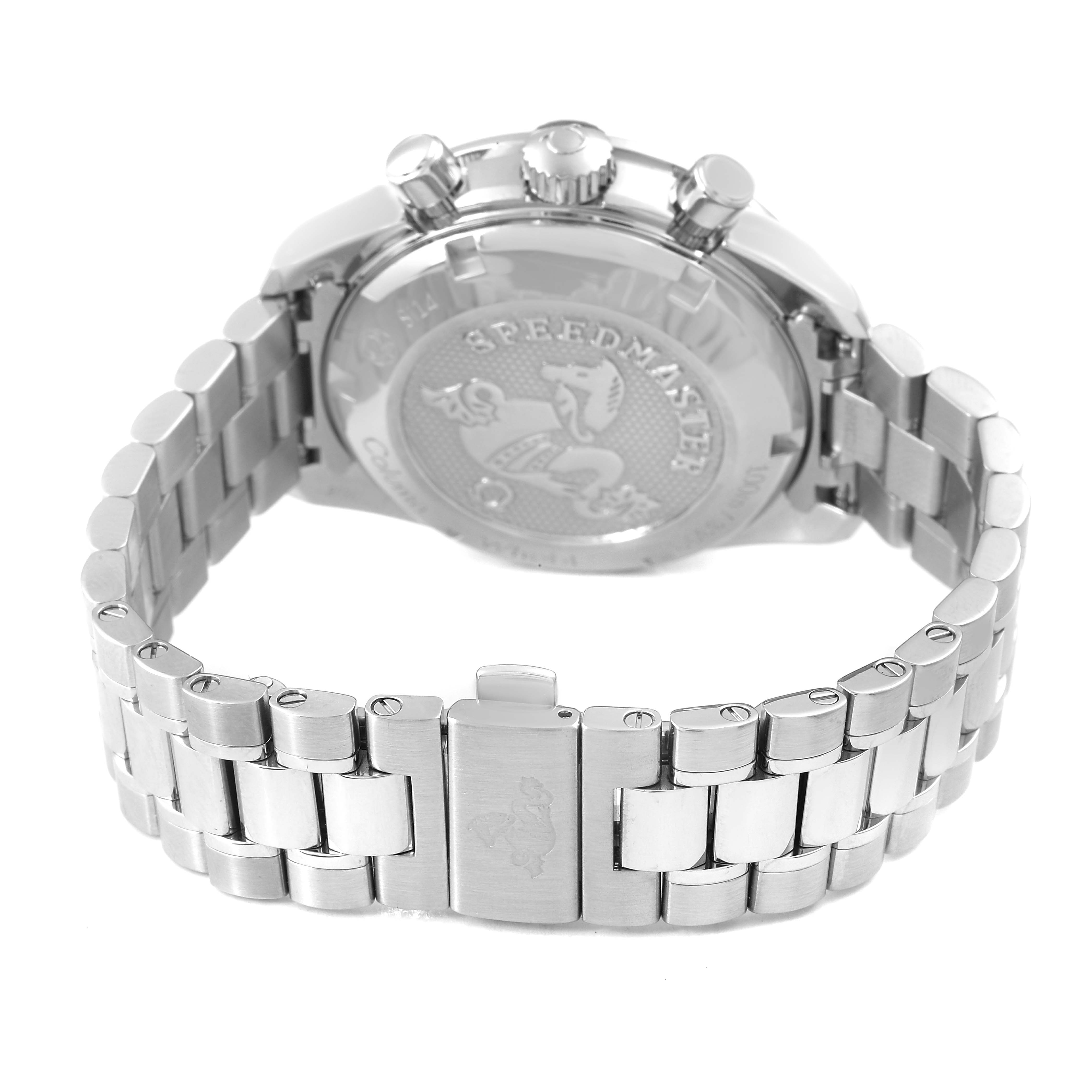 The image shows the back view of an Omega Speedmaster 324.30.38.50.06.001 Men's Stainless Steel Grey Dial, highlighting the case back, bracelet, and clasp.