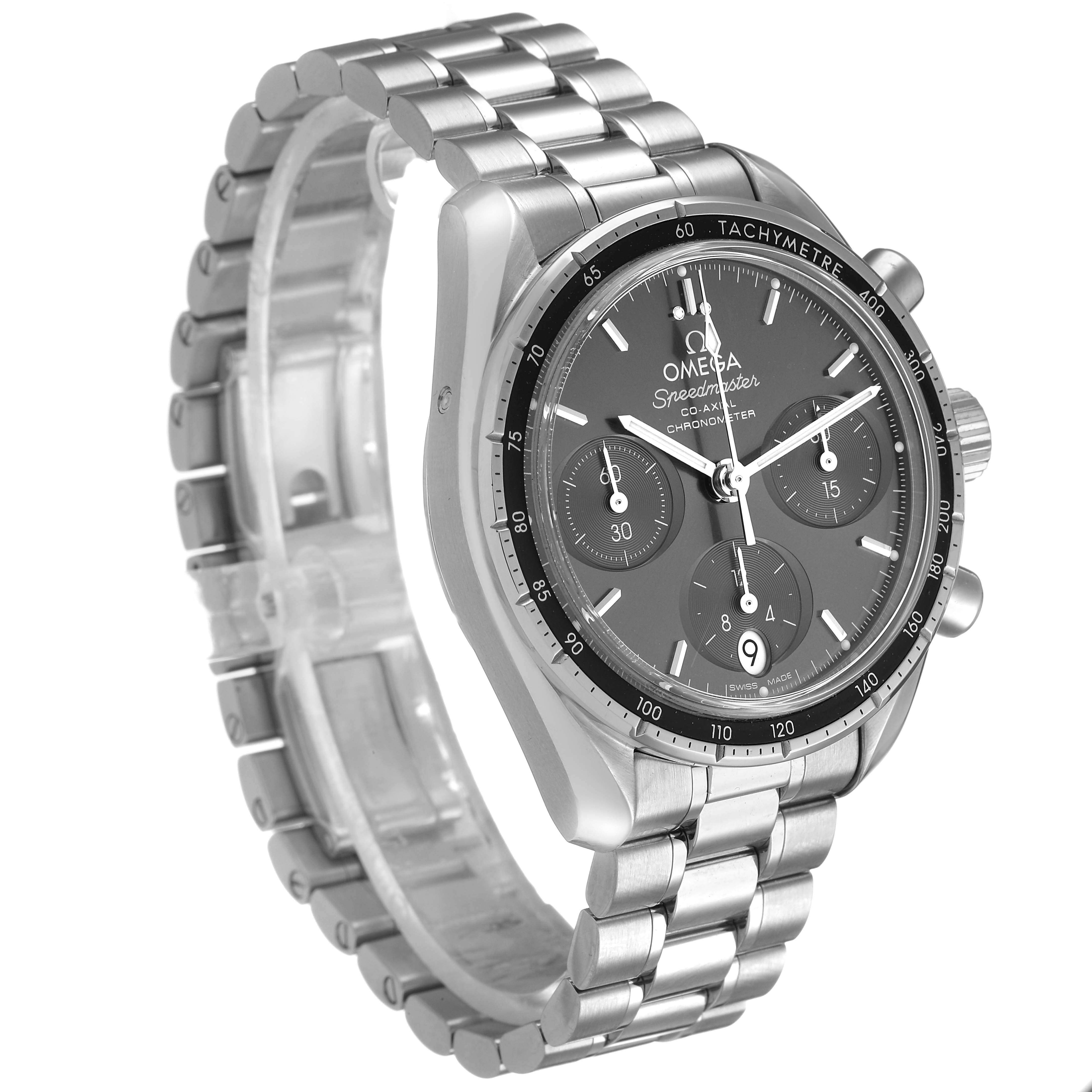 The Omega Speedmaster 324.30.38.50.06.001 Men's Stainless Steel Grey Dial watch is shown at a three-quarter angle, displaying the dial, bezel, and stainless steel bracelet.