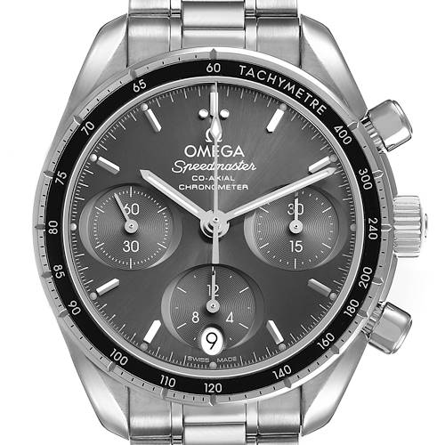 The Omega Speedmaster 324.30.38.50.06.001 Men's Stainless Steel Grey Dial watch is shown from a front angle, displaying its face, dials, and tachymetric scale.