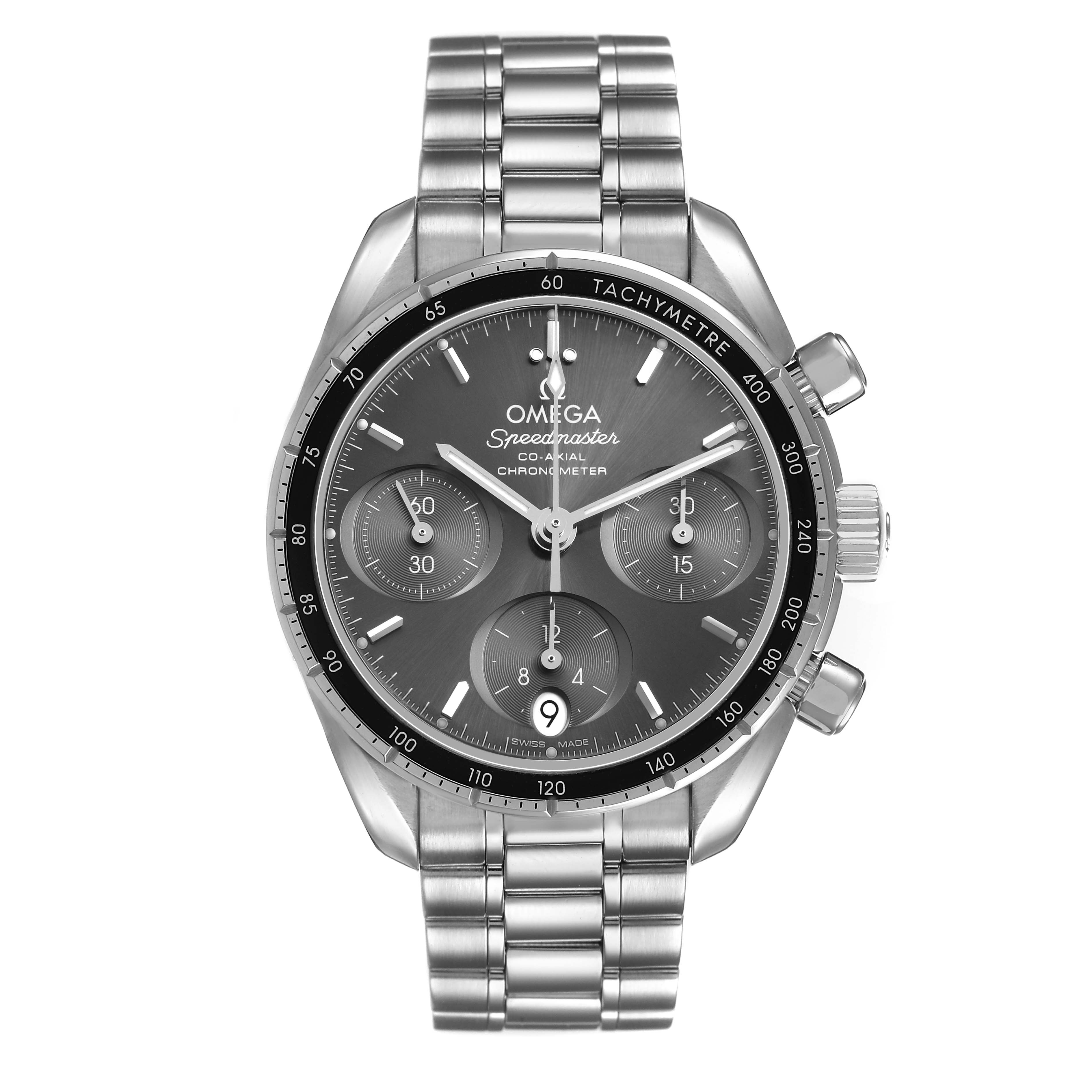 The Omega Speedmaster 324.30.38.50.06.001 Men's Stainless Steel Grey Dial watch is shown from a front angle, featuring the dial, tachymeter bezel, and metal bracelet.