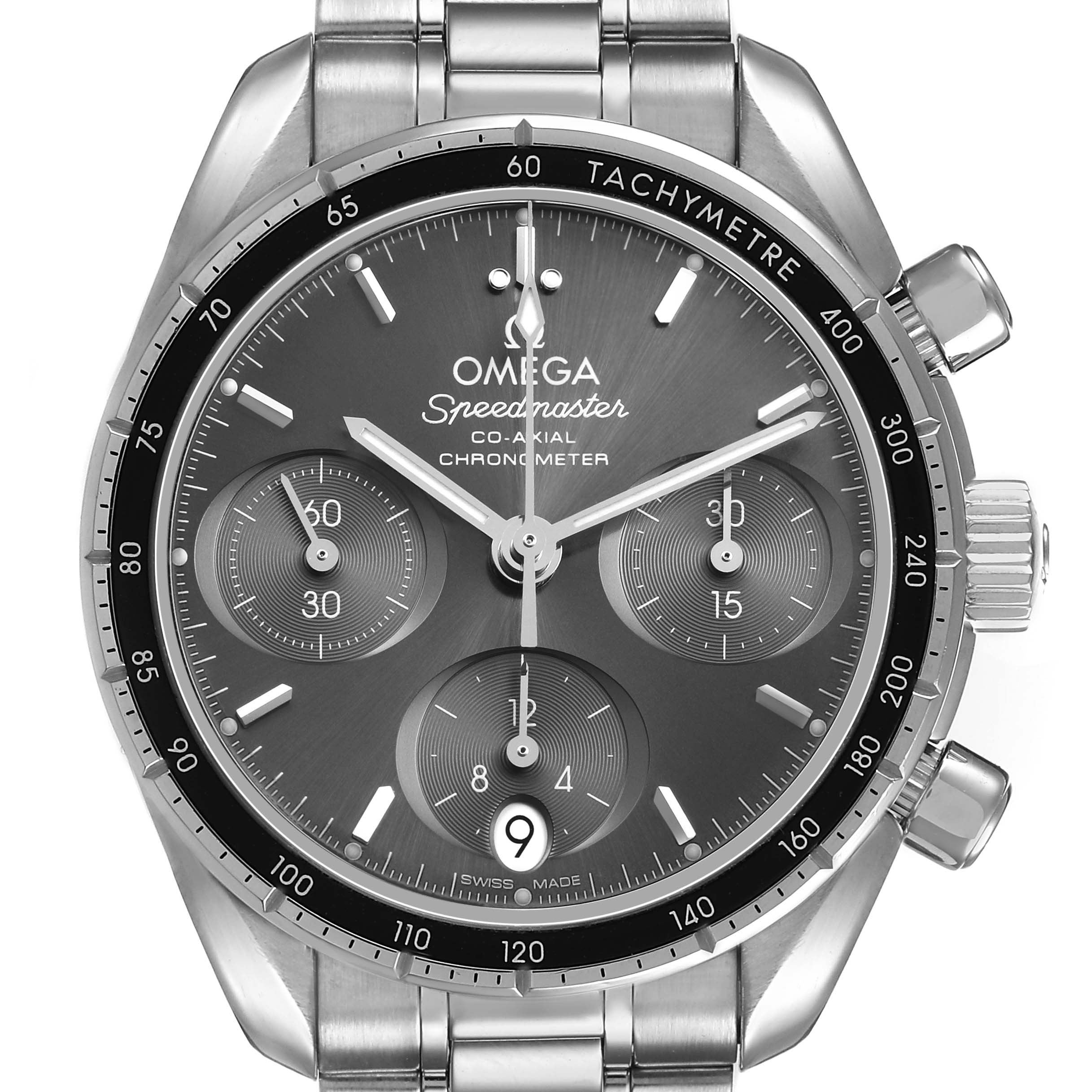 The Omega Speedmaster 324.30.38.50.06.001 Men's Stainless Steel Grey Dial watch is shown from the front, displaying its dial, bezel, crown, and subdials clearly.