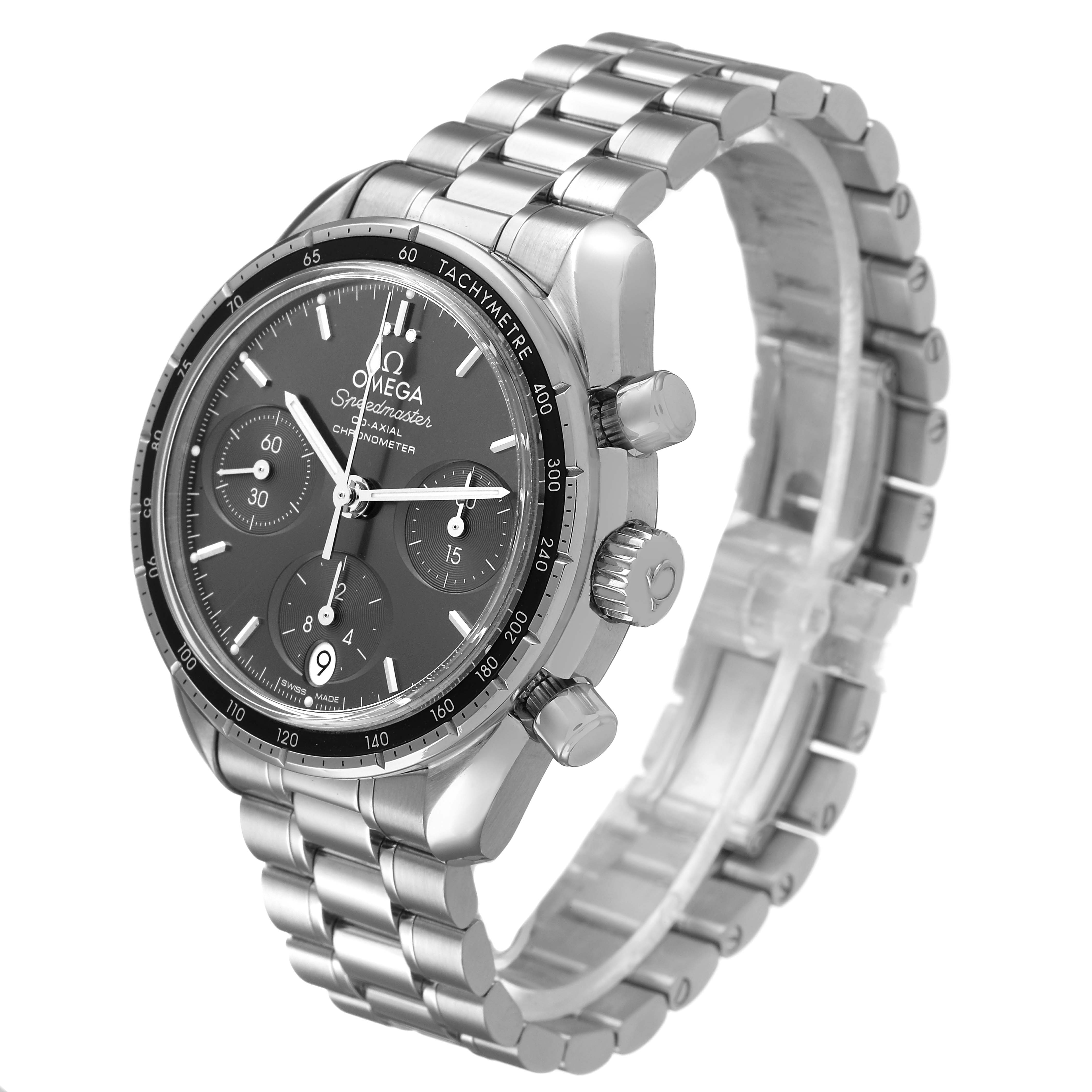 The Omega Speedmaster 324.30.38.50.06.001 Men's Stainless Steel Grey Dial watch is shown at a three-quarter angle, highlighting the face, bezel, crown, and stainless steel bracelet.