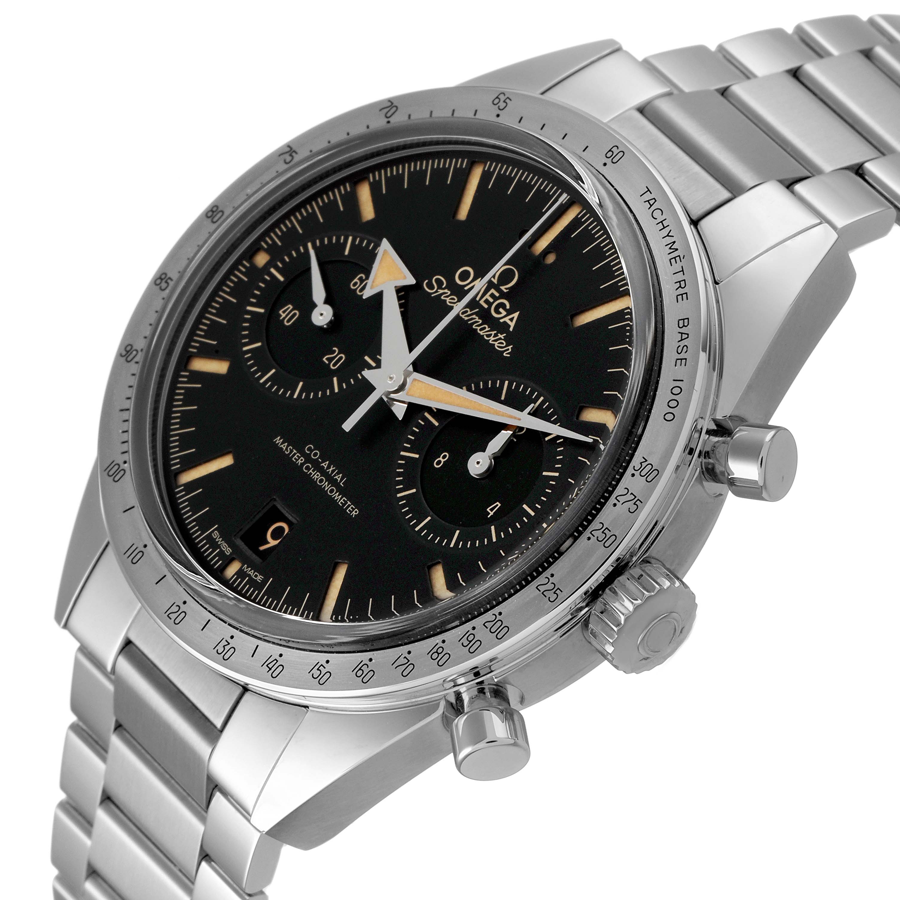 The Omega Speedmaster 332.10.41.51.01.001 Men's Stainless Steel Black Dial watch is shown at an angled side view, highlighting its bezel, crown, pushers, dial, and bracelet.
