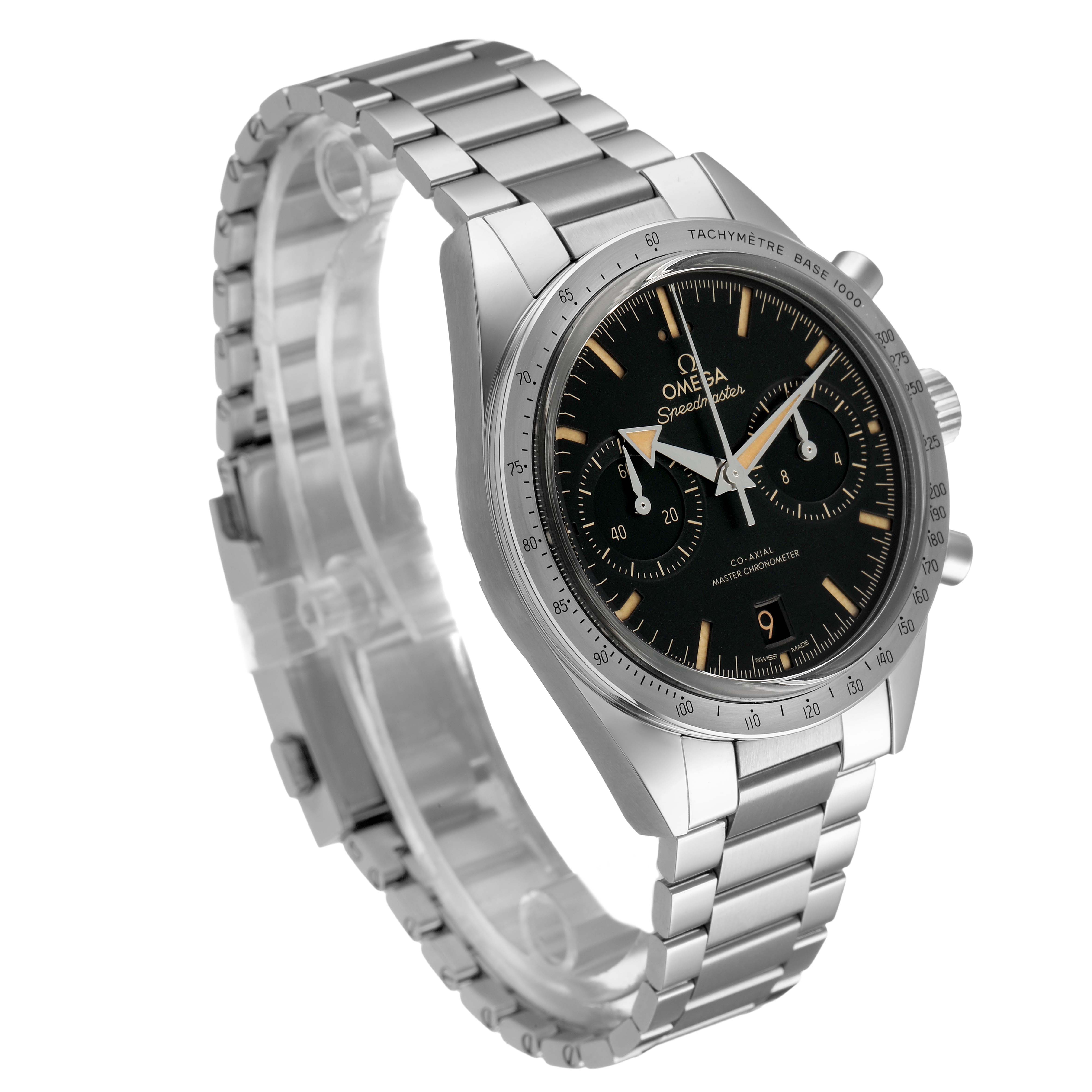 The Omega Speedmaster 332.10.41.51.01.001 Men's Stainless Steel Black Dial watch is shown from an angled top view, highlighting its face, bezel, and stainless steel bracelet.