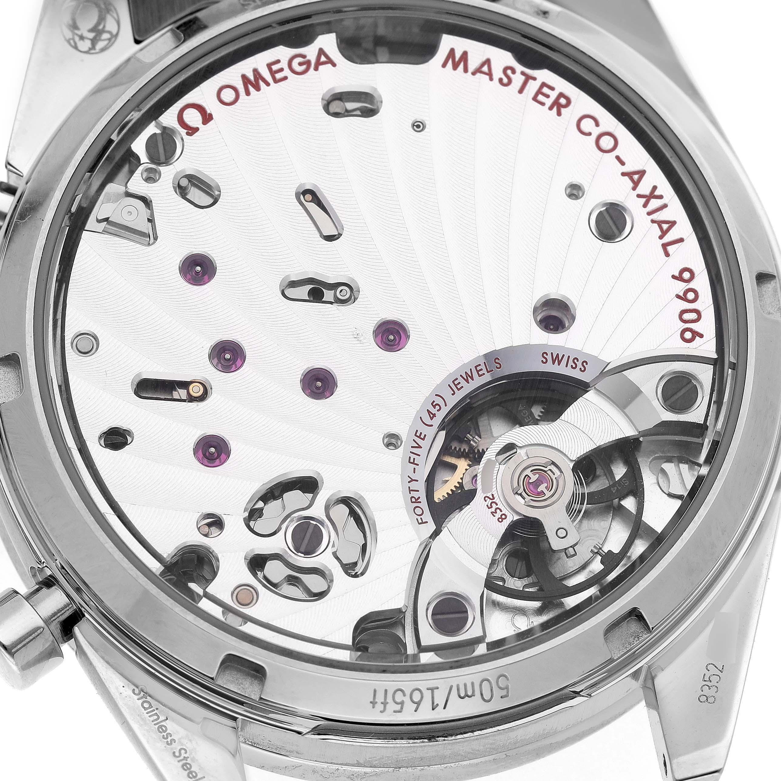 The image shows the back of an Omega Speedmaster 332.10.41.51.01.001 Men's Stainless Steel Black Dial watch, highlighting its Master Co-Axial 9906 movement.