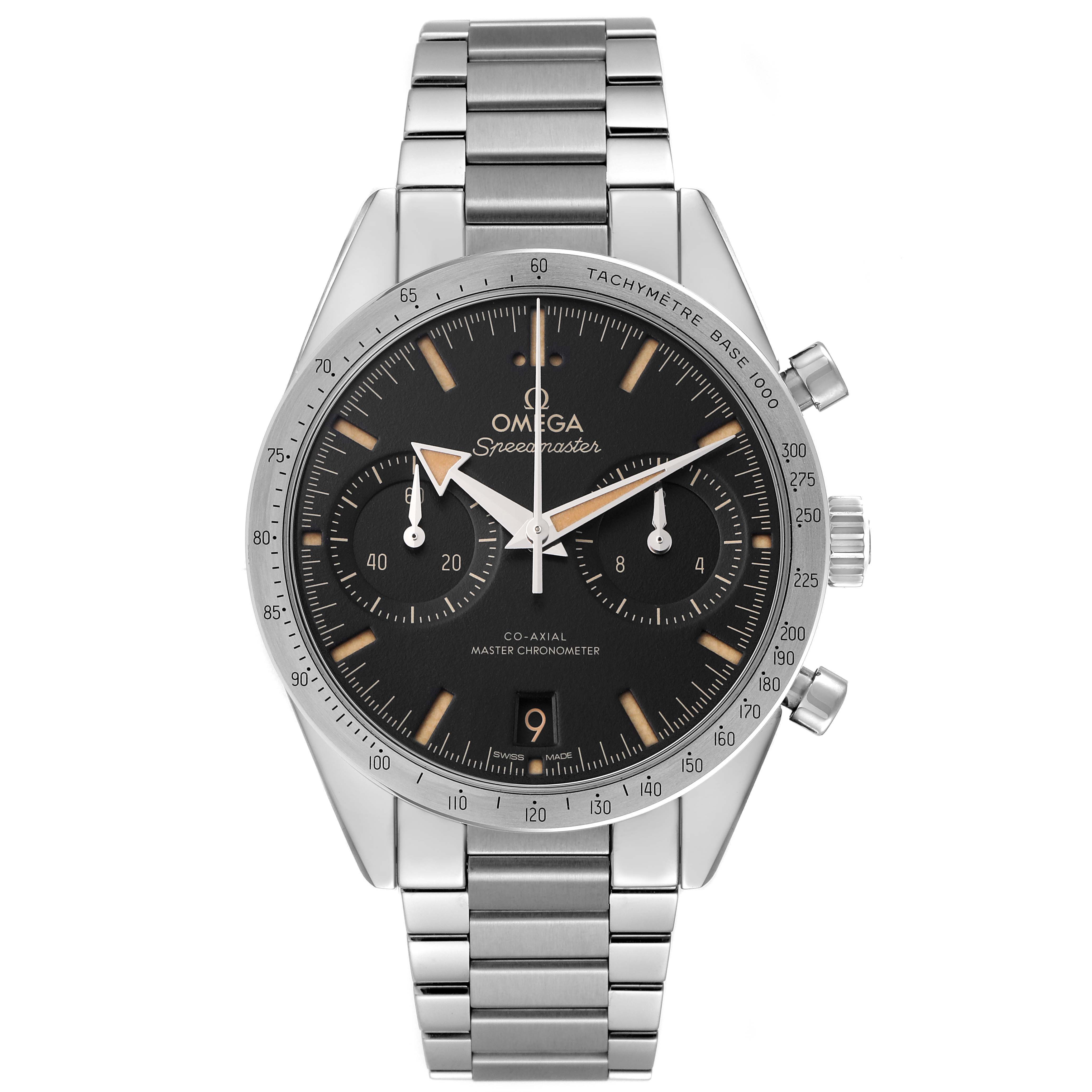 The Omega Speedmaster 332.10.41.51.01.001 Men's Stainless Steel Black Dial watch is shown from the front, highlighting the dial, hands, subdials, tachymeter, and bracelet.