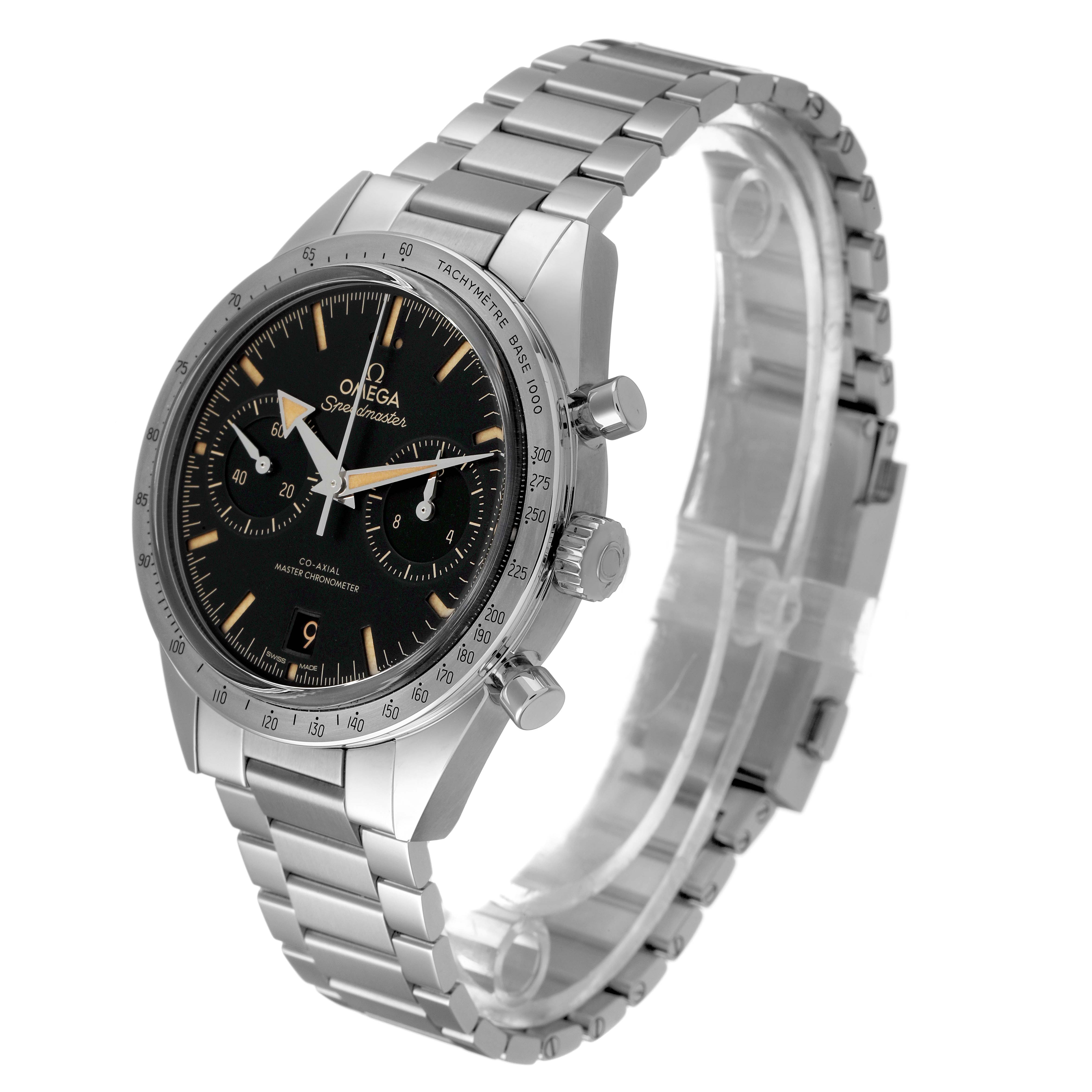 The Omega Speedmaster 332.10.41.51.01.001 Men's Stainless Steel Black Dial watch is shown at a three-quarter angle, displaying the bracelet, case, and watch face with visible chronograph dials.