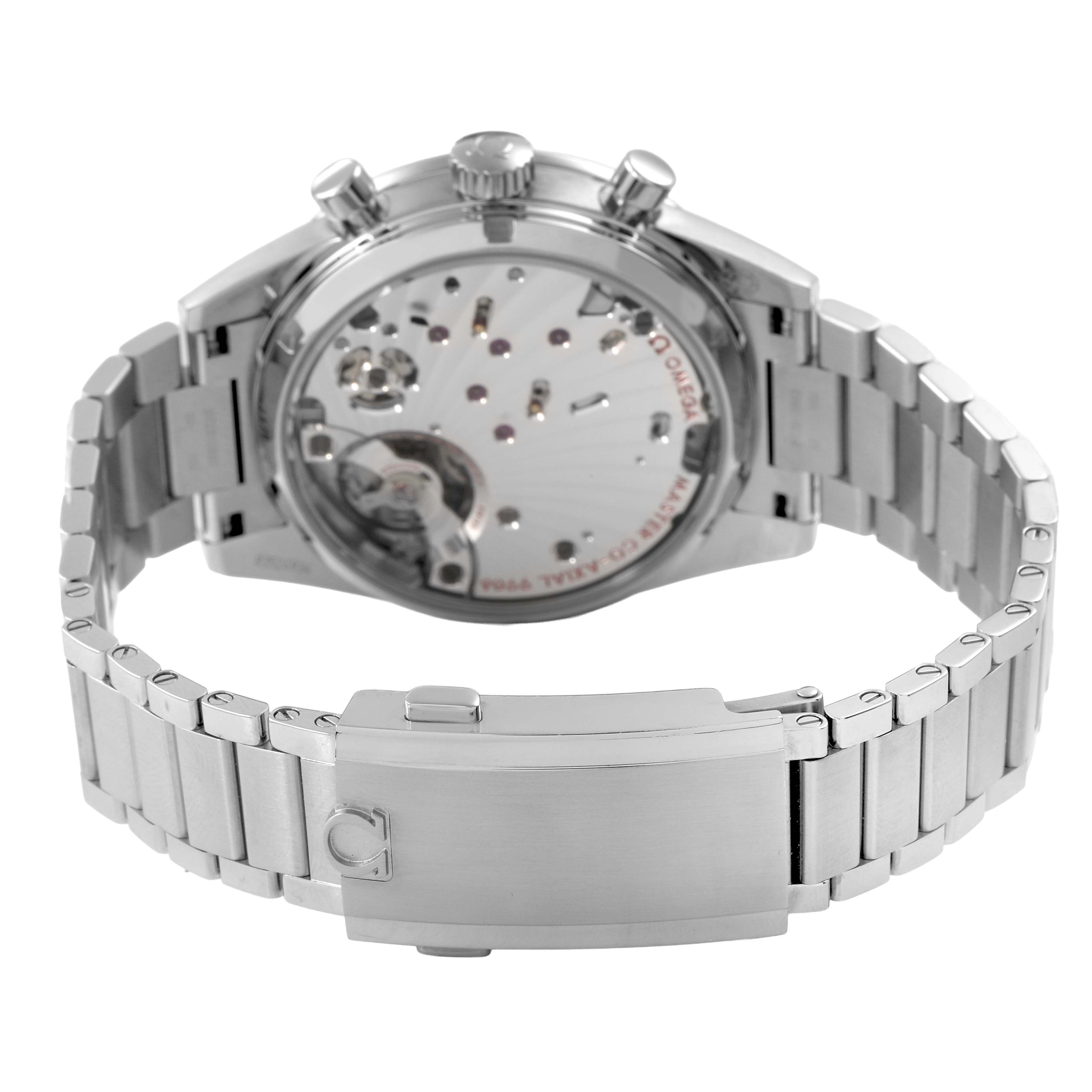 The Omega Speedmaster 332.10.41.51.01.001 Men's Stainless Steel Black Dial watch is shown from the back, highlighting its movement and metal bracelet clasp.