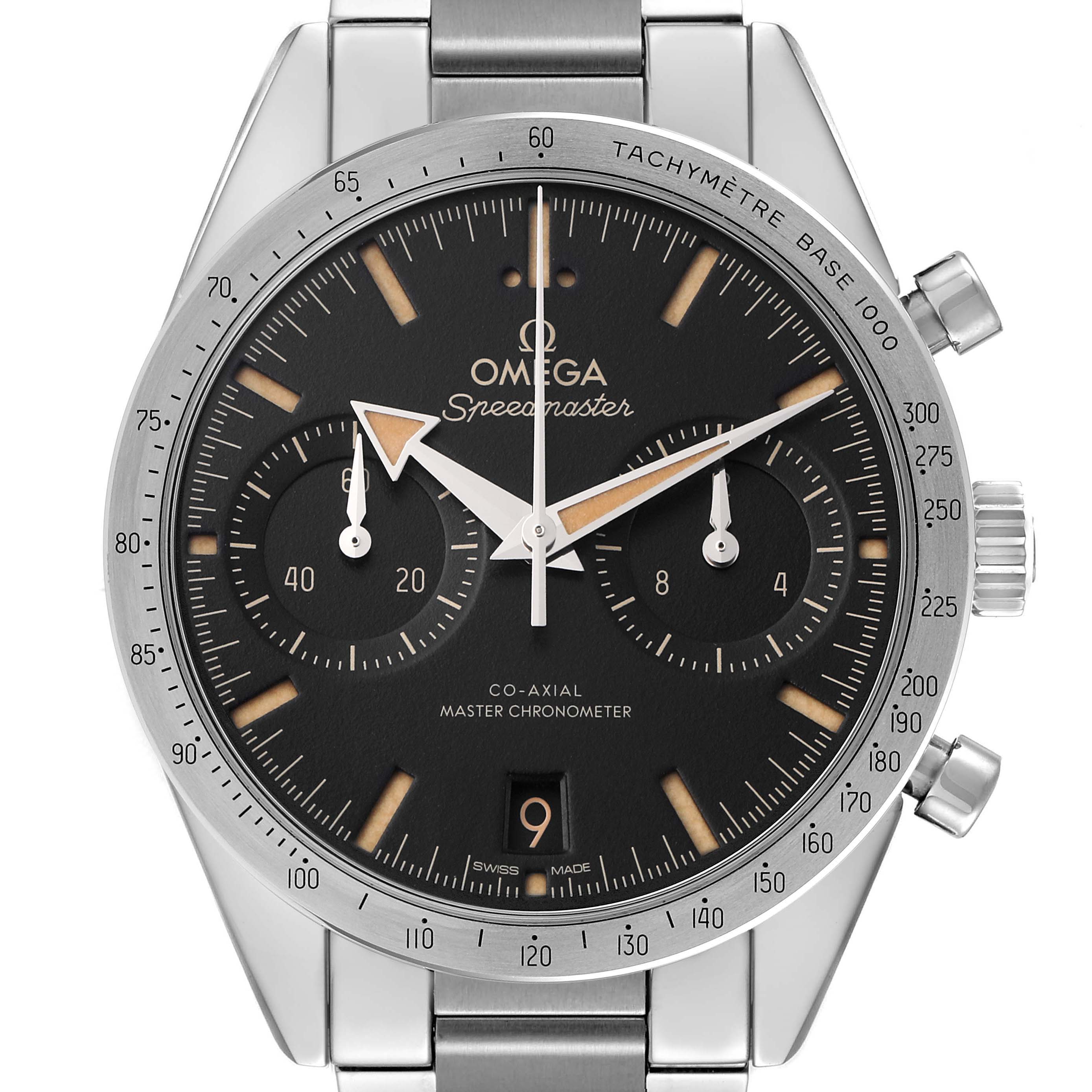 The Omega Speedmaster 332.10.41.51.01.001 Men's Stainless Steel Black Dial watch is shown from a front angle, displaying the dial, tachymeter, and part of the bracelet.