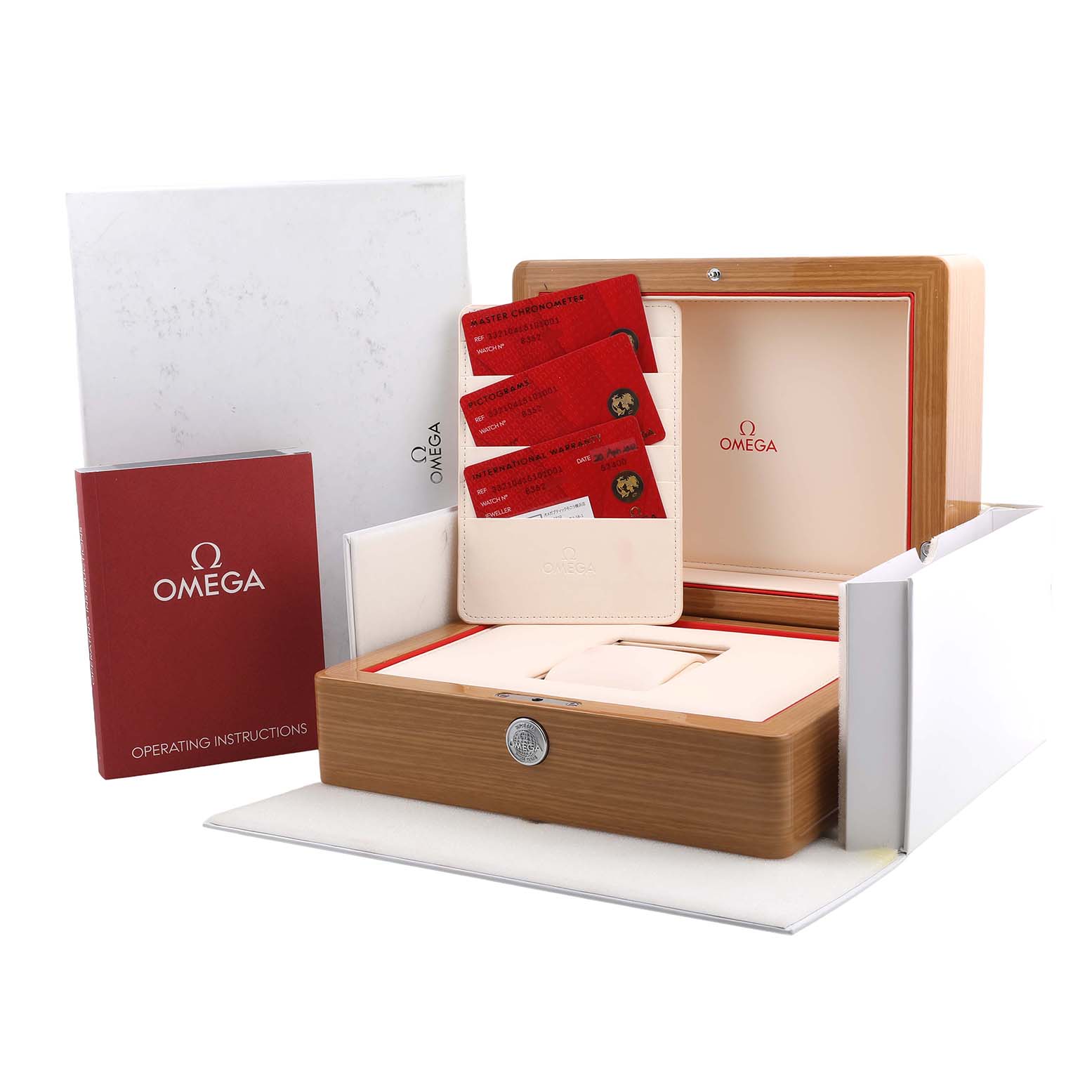 The image shows the Omega Speedmaster 332.10.41.51.01.001 Men's Stainless Steel Black Dial packaging, including a wooden box, instruction manual, and warranty cards.