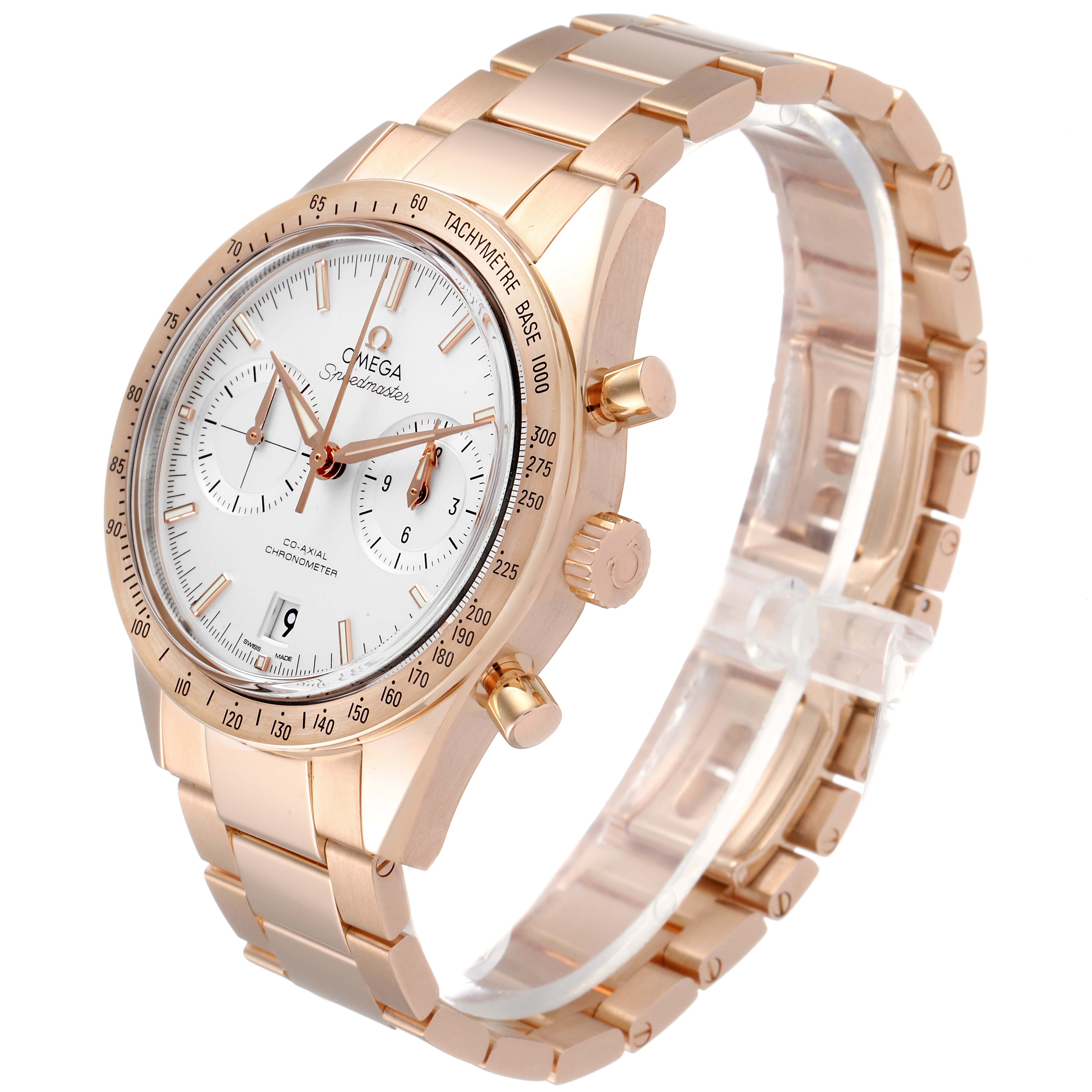 The image shows a side and front angle of the Omega Speedmaster 331.50.42.51.02.002 Men's Rose Gold Silver Dial 331.50.42.51.02.002 Men's Rose Gold Silver Dial watch, highlighting its rose gold case, bracelet, and chronograph dials.