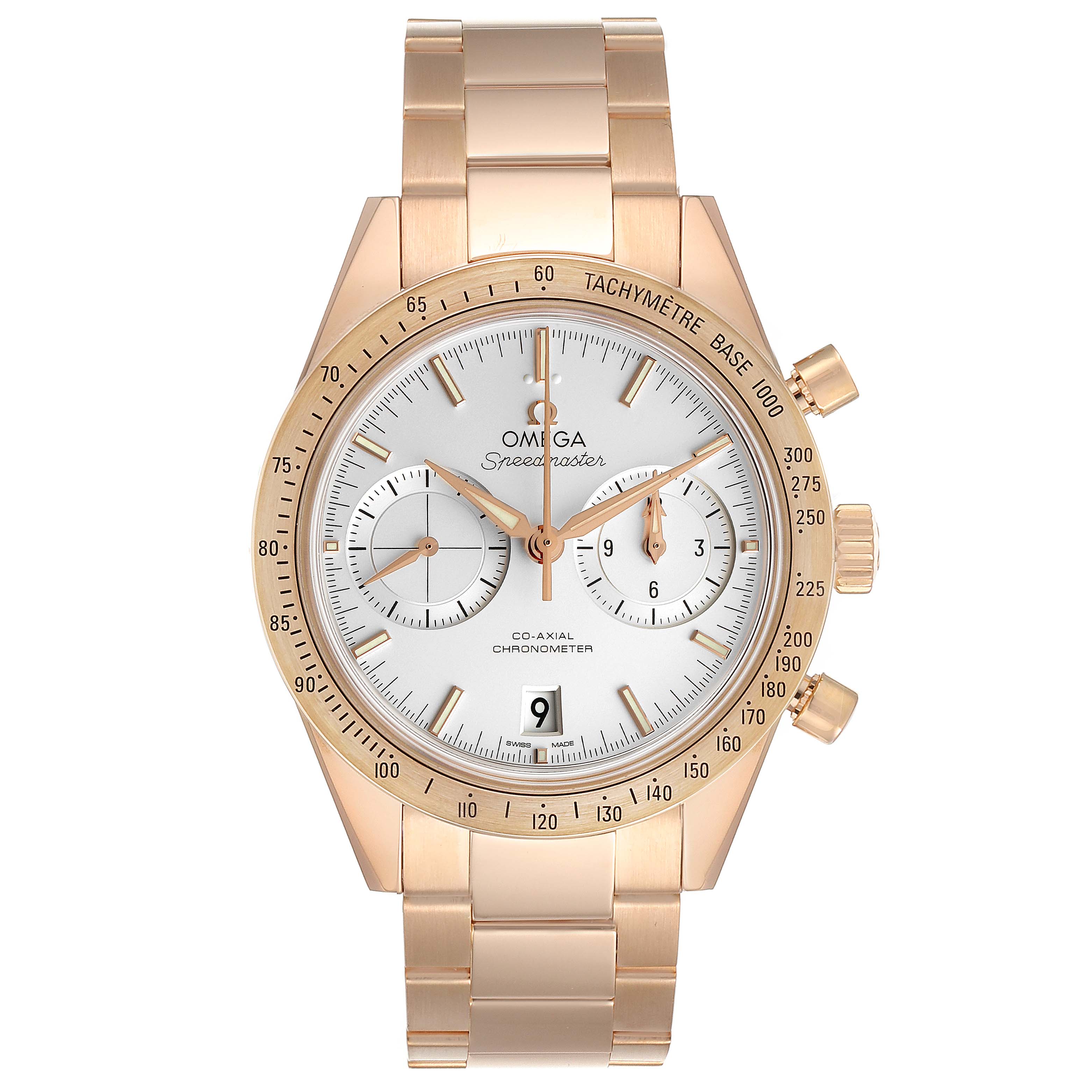 The Omega Speedmaster 331.50.42.51.02.002 Men's Rose Gold Silver Dial 331.50.42.51.02.002 Men's Rose Gold Silver Dial watch is shown from a front angle, displaying the dial, chronograph sub-dials, and metal bracelet.