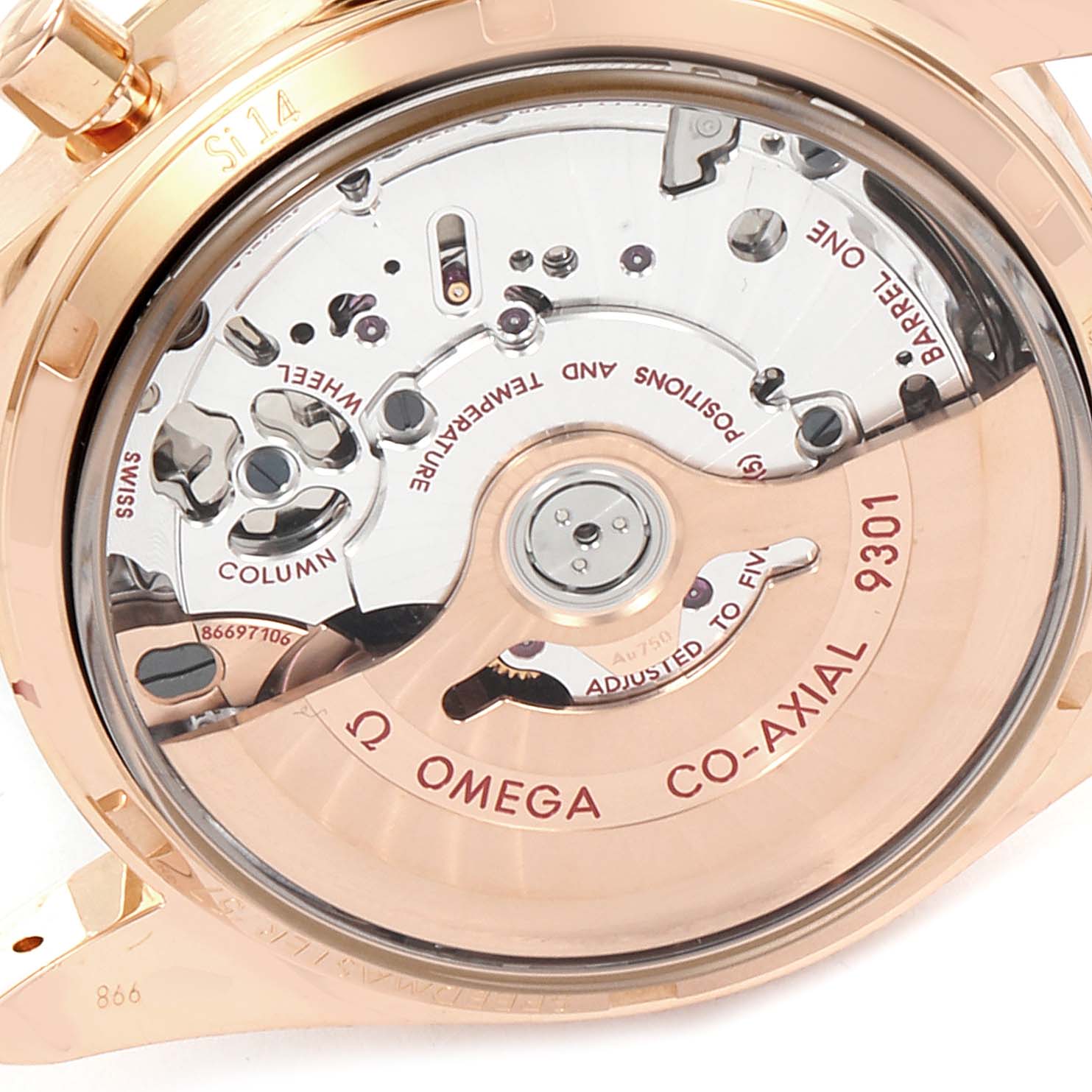 This image shows the movement and inner mechanisms of an Omega Speedmaster 331.50.42.51.02.002 Men's Rose Gold Silver Dial 331.50.42.51.02.002 Men's Rose Gold Silver Dial watch from a close-up, rear angle.