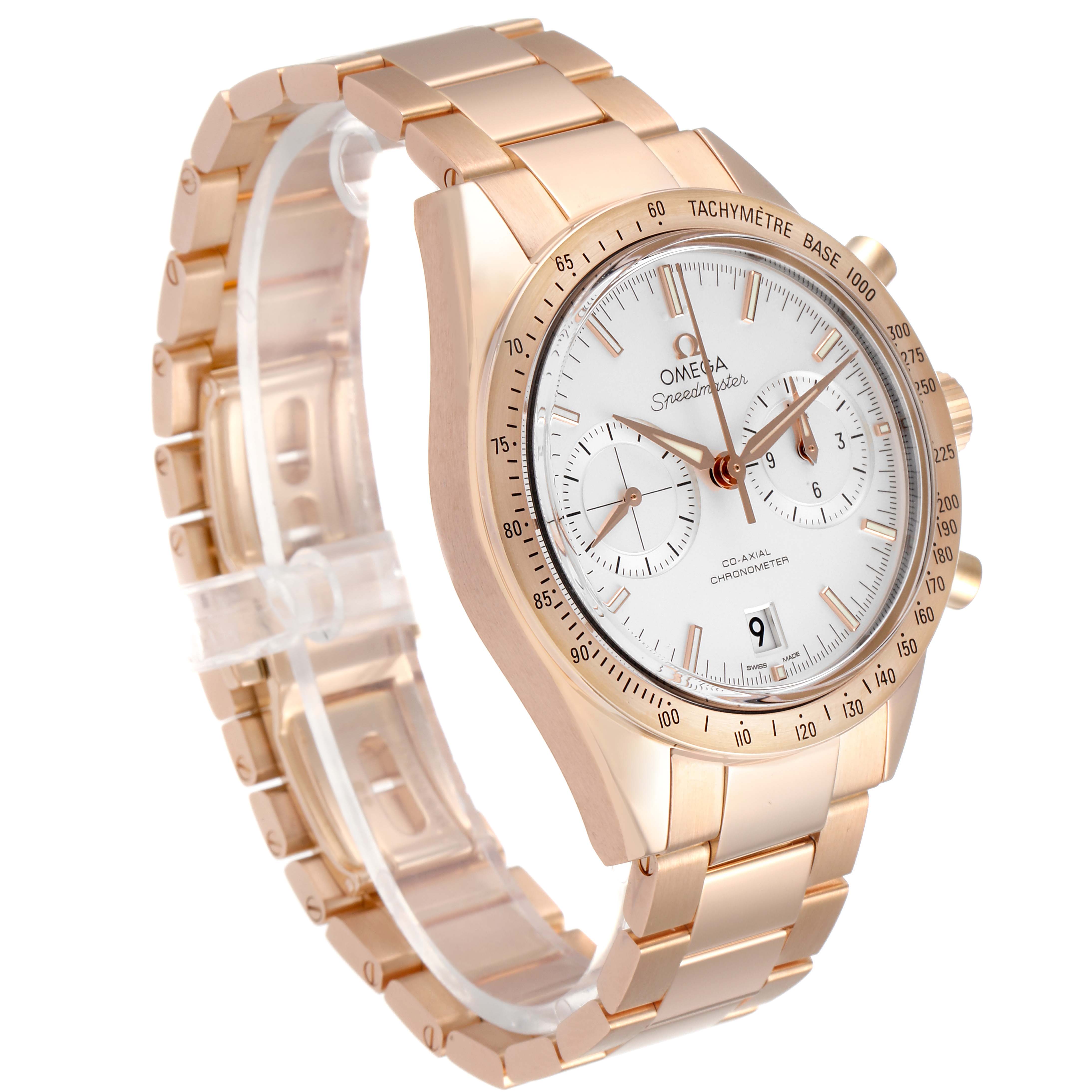 This Omega Speedmaster 331.50.42.51.02.002 Men's Rose Gold Silver Dial 331.50.42.51.02.002 Men's Rose Gold Silver Dial watch is shown from a 3/4 angle, highlighting its rose gold case, white dial, and metal bracelet.