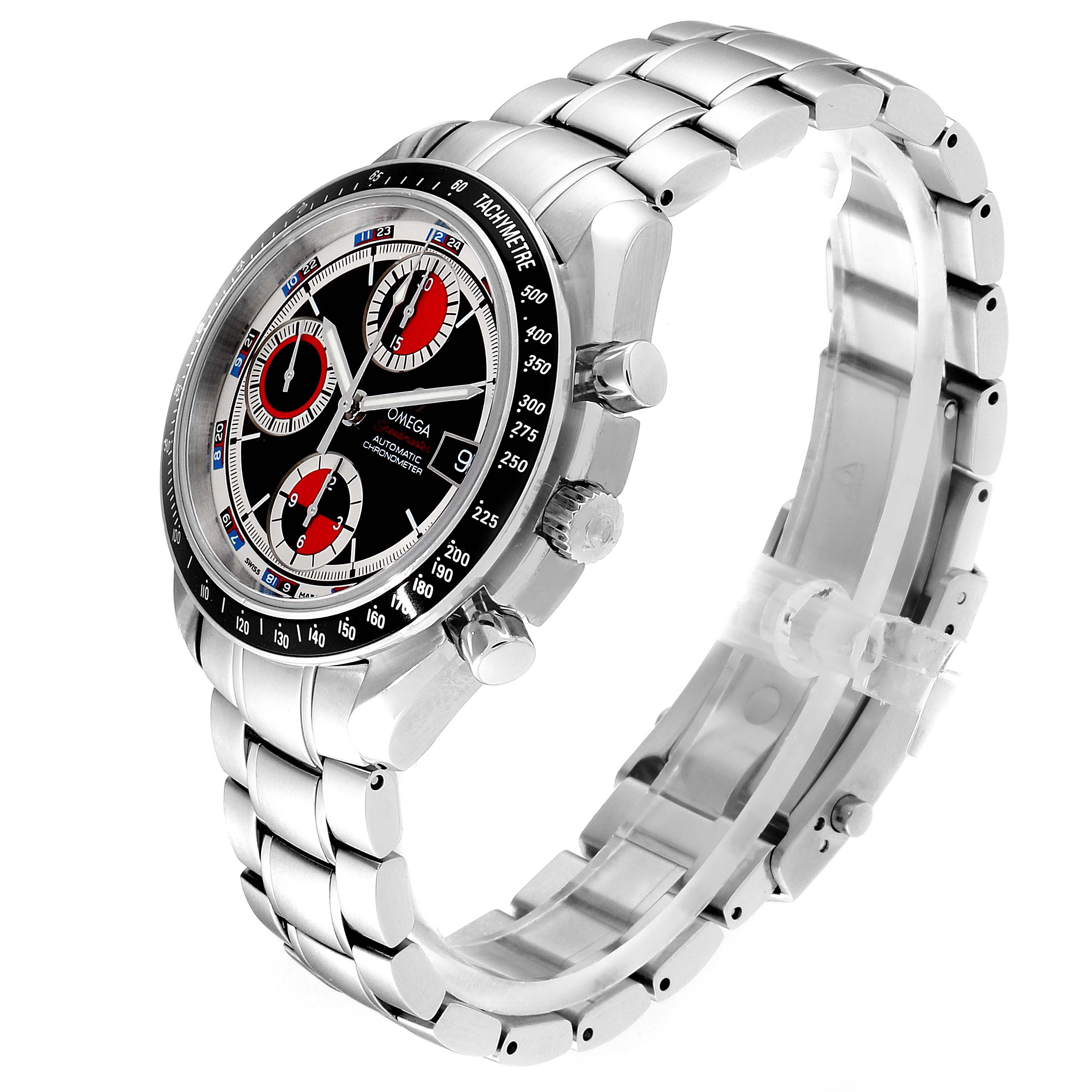 A side view of the Omega Speedmaster 3210.52.00 Men
s Stainless Steel Black Dial 3210.52.00 Men
s Stainless Steel Black Dial watch showing its face, bezel, crown, pushers, and metal bracelet.