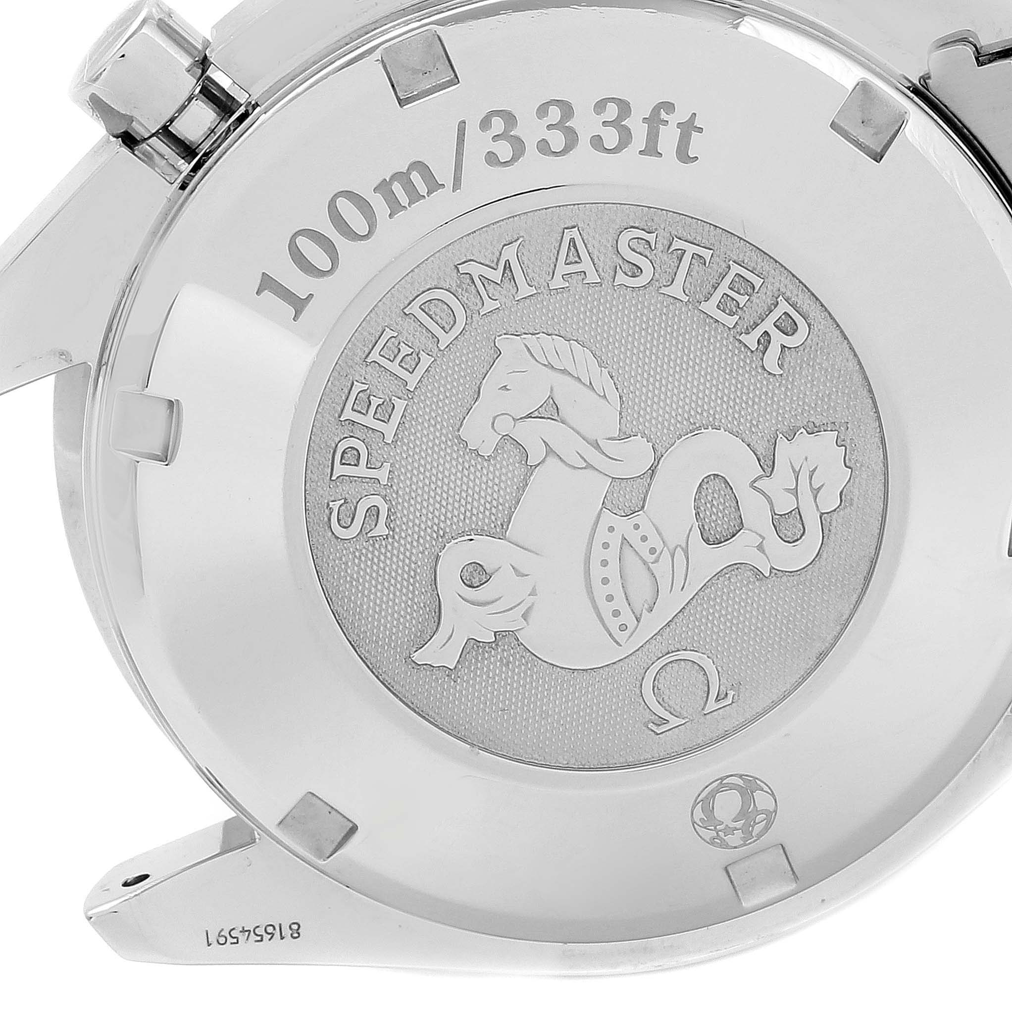 This image shows the back case of the Omega Speedmaster 3210.52.00 Men
s Stainless Steel Black Dial 3210.52.00 Men
s Stainless Steel Black Dial watch, featuring the brand
s emblem and water resistance details.