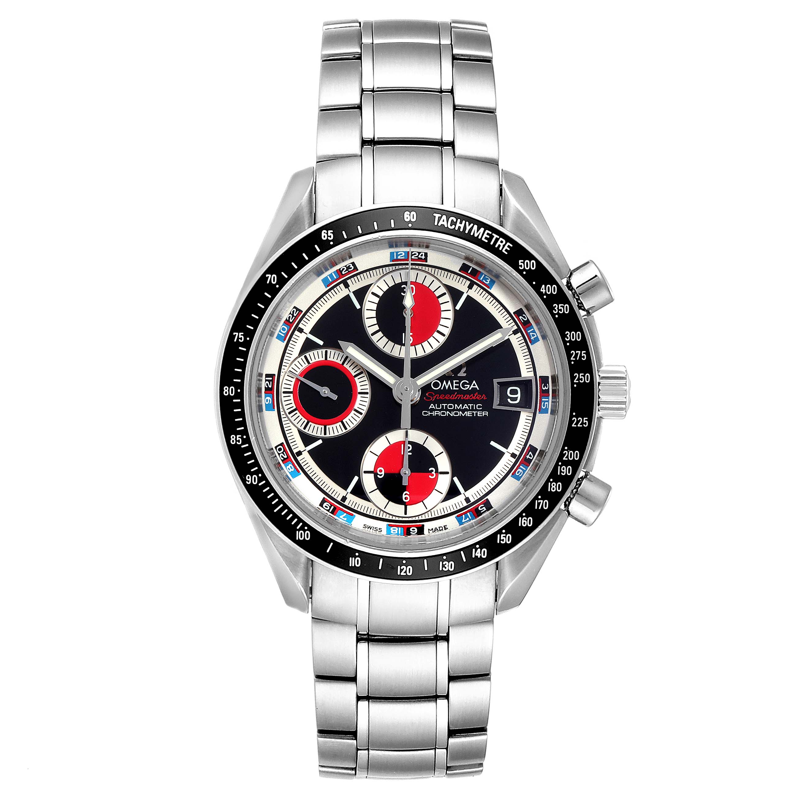 The Omega Speedmaster 3210.52.00 Men
s Stainless Steel Black Dial 3210.52.00 Men
s Stainless Steel Black Dial watch is shown from the front, displaying the face, bezel, dials, crown, and bracelet.