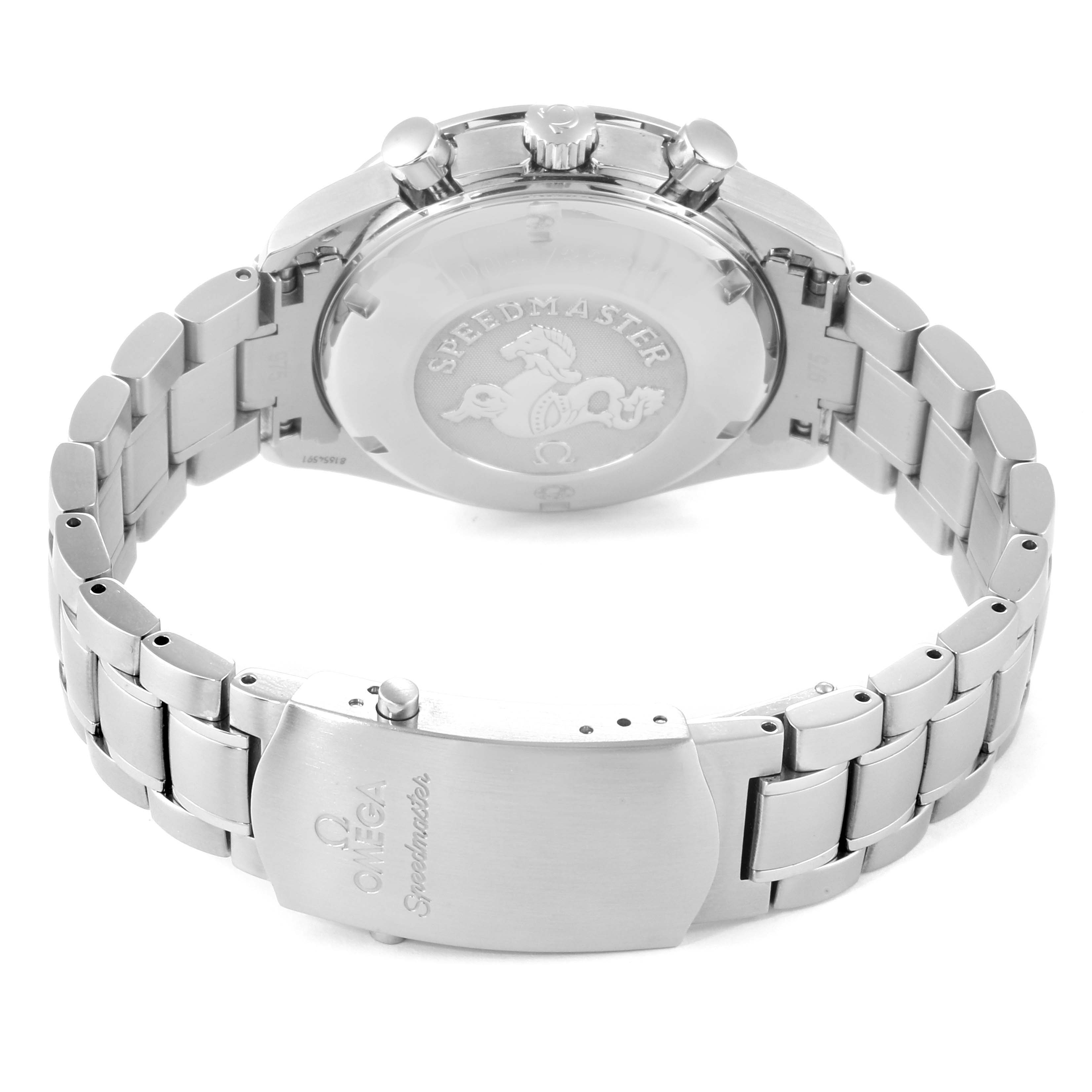 The image shows the back case and stainless steel bracelet of an Omega Speedmaster 3210.52.00 Men
s Stainless Steel Black Dial 3210.52.00 Men
s Stainless Steel Black Dial watch.