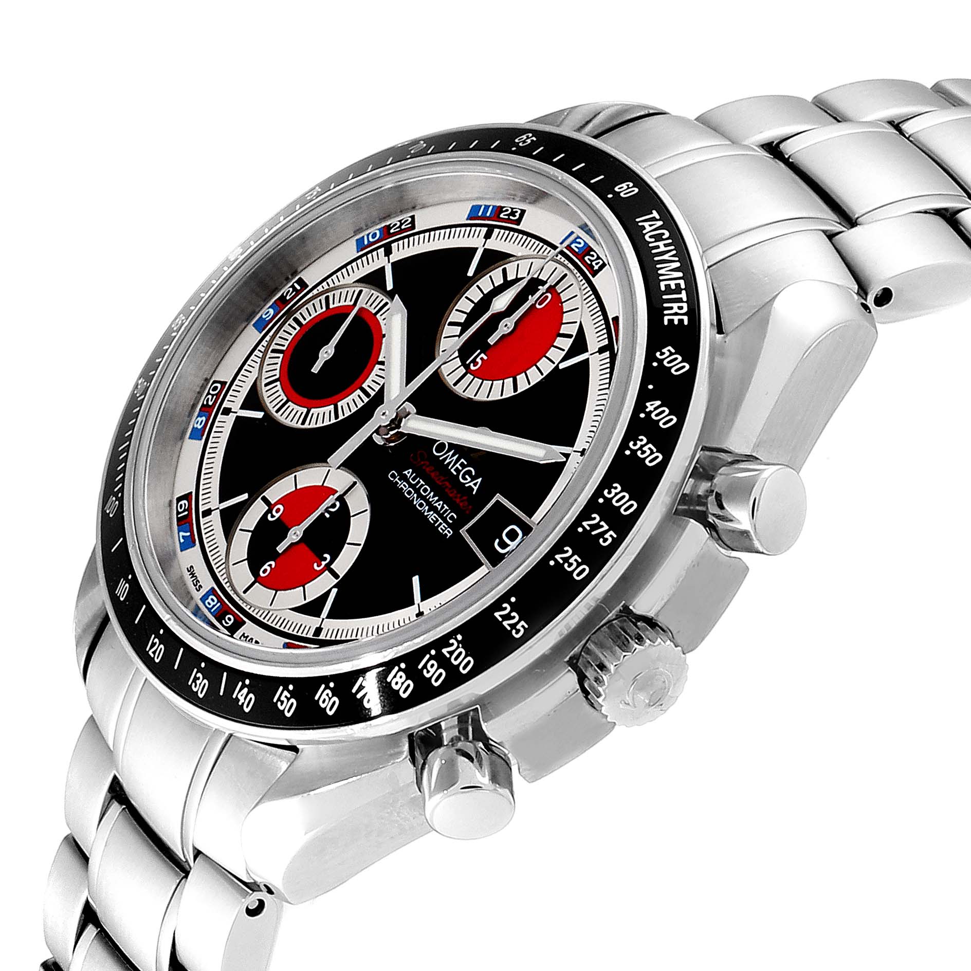 The image shows a side angle view of an Omega Speedmaster 3210.52.00 Men
s Stainless Steel Black Dial 3210.52.00 Men
s Stainless Steel Black Dial, displaying its dial, tachymeter, crown, and pushers.