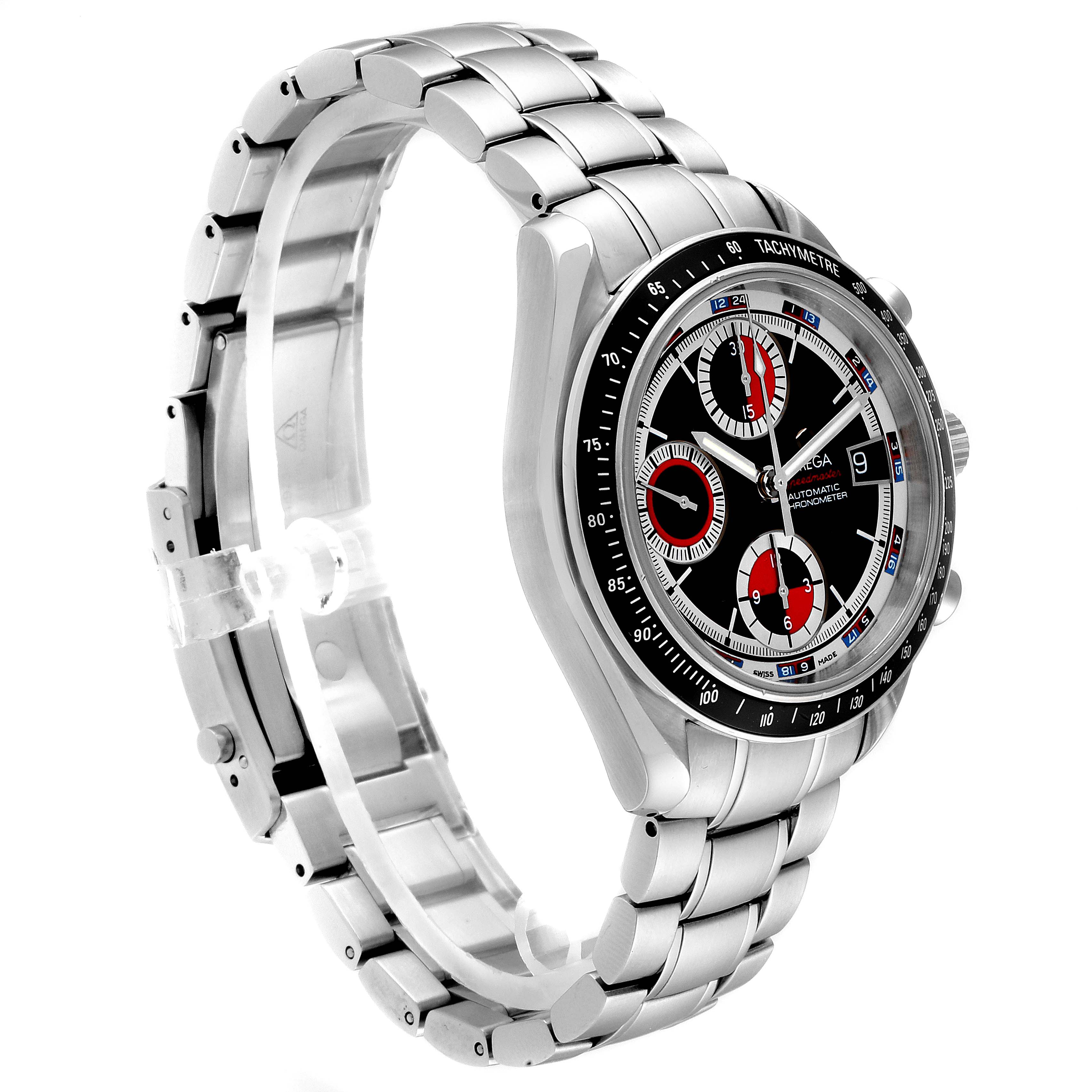 The Omega Speedmaster 3210.52.00 Men
s Stainless Steel Black Dial 3210.52.00 Men
s Stainless Steel Black Dial watch is shown at an angle revealing the bracelet, case, and dial with chronograph subdials.