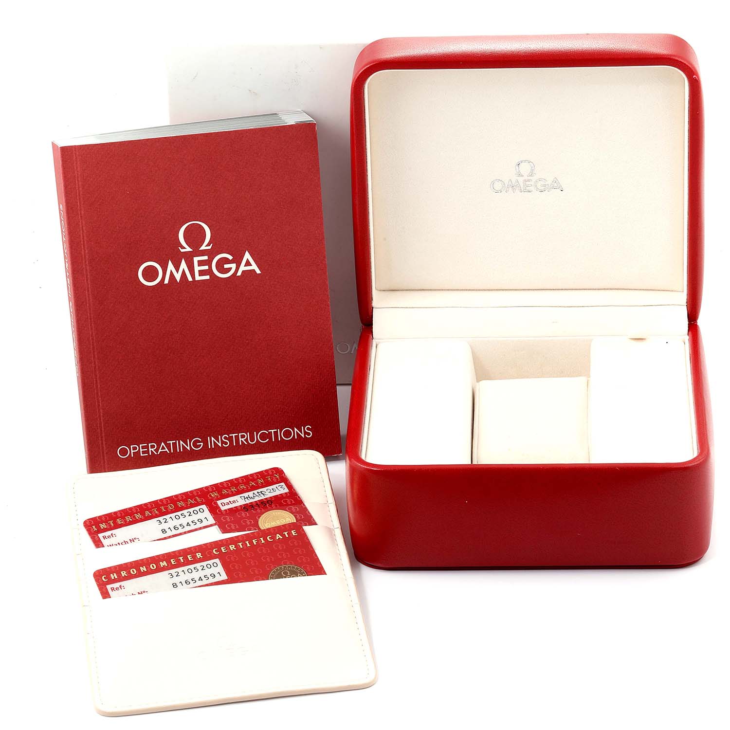 The image shows a red Omega Speedmaster 3210.52.00 Men
s Stainless Steel Black Dial 3210.52.00 Men
s Stainless Steel Black Dial watch box, an operating instructions booklet, and warranty cards.