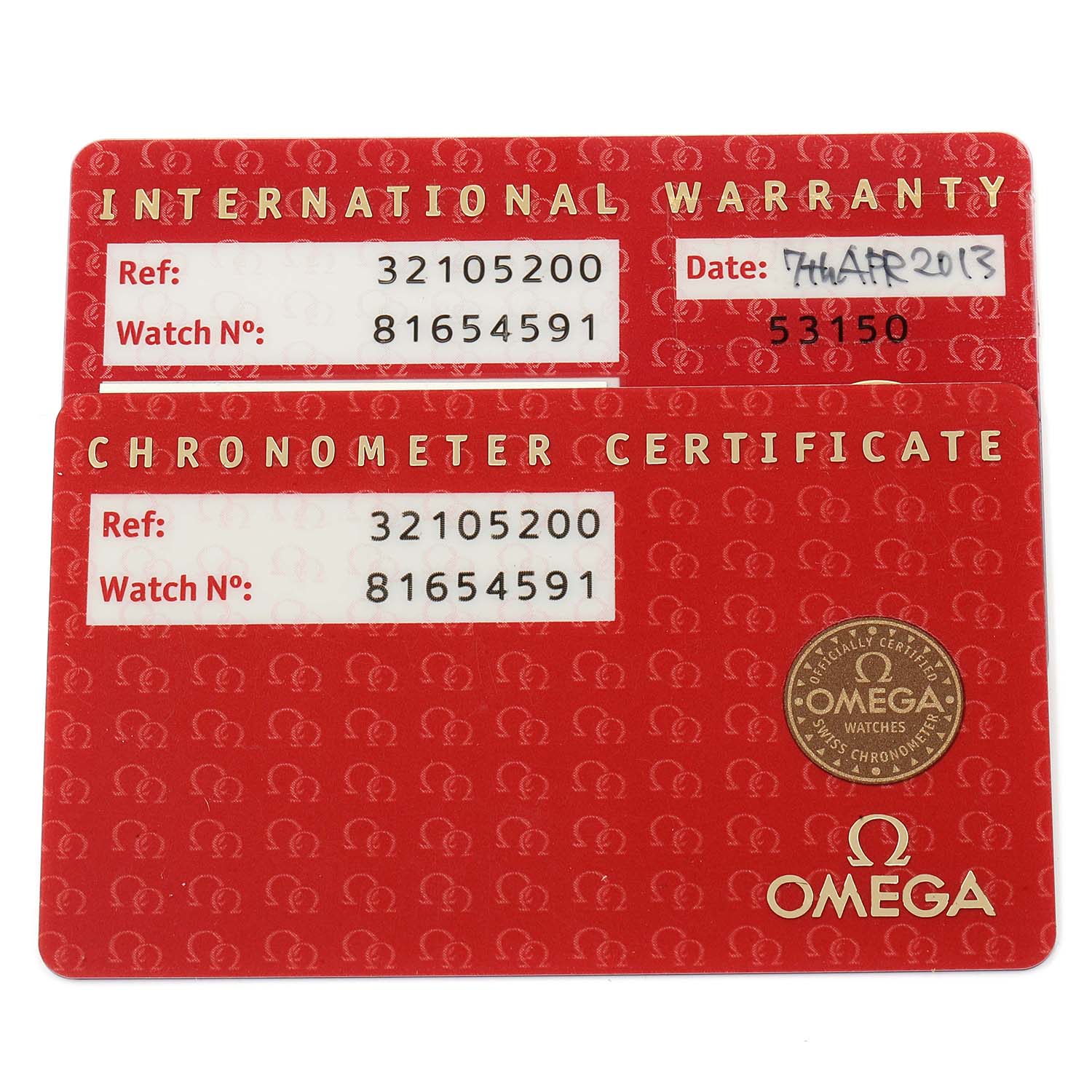 The image shows the International Warranty and Chronometer Certificate cards for an Omega Speedmaster 3210.52.00 Men
s Stainless Steel Black Dial 3210.52.00 Men
s Stainless Steel Black Dial watch.