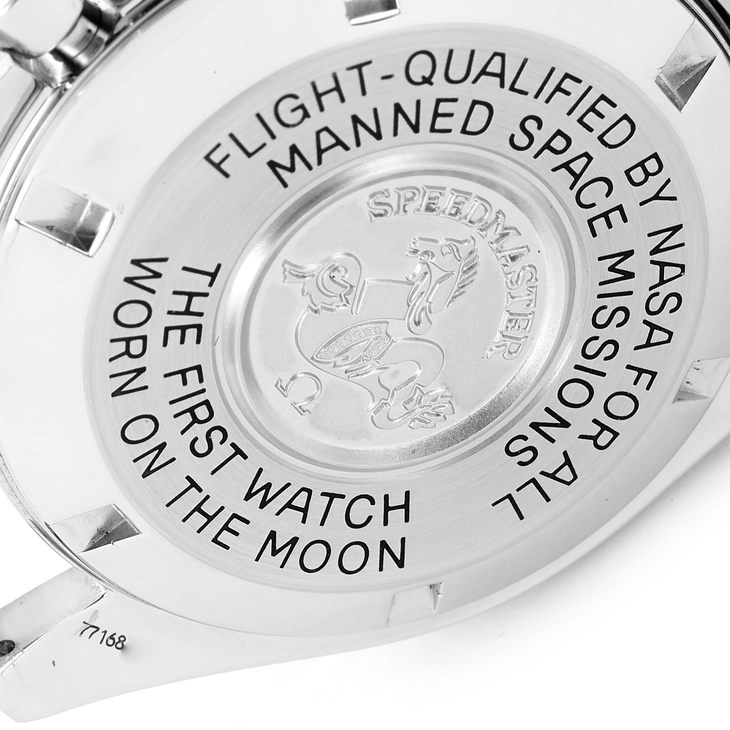 The image shows the back case of an Omega Speedmaster 3570.50.00 Men's Stainless Steel Black Dial 3570.50.00 Men's Stainless Steel Black Dial watch, highlighting its NASA qualification and moon mission history.