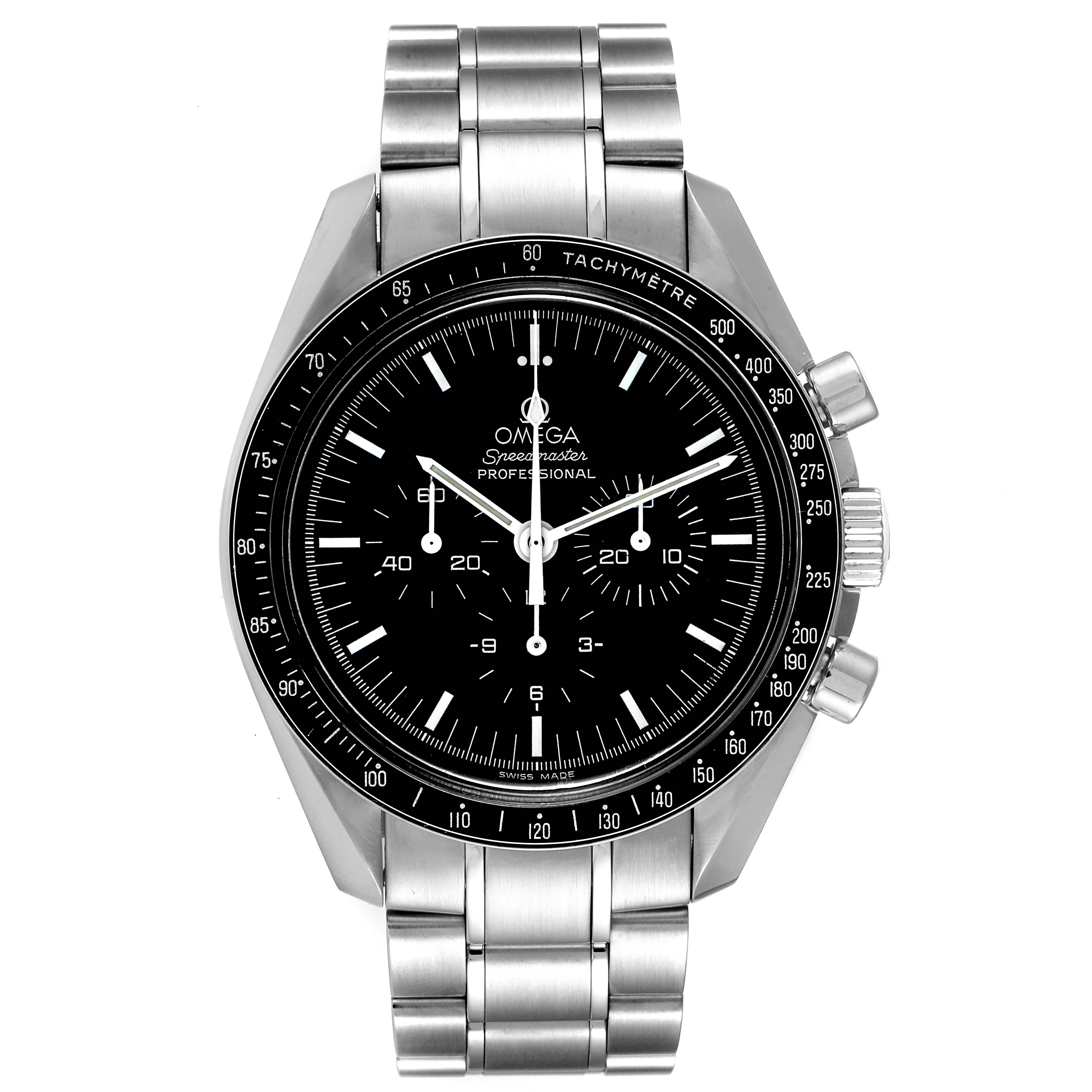 This image shows an Omega Speedmaster 3570.50.00 Men's Stainless Steel Black Dial 3570.50.00 Men's Stainless Steel Black Dial watch from a front angle, highlighting its face, bezel, and metal bracelet.