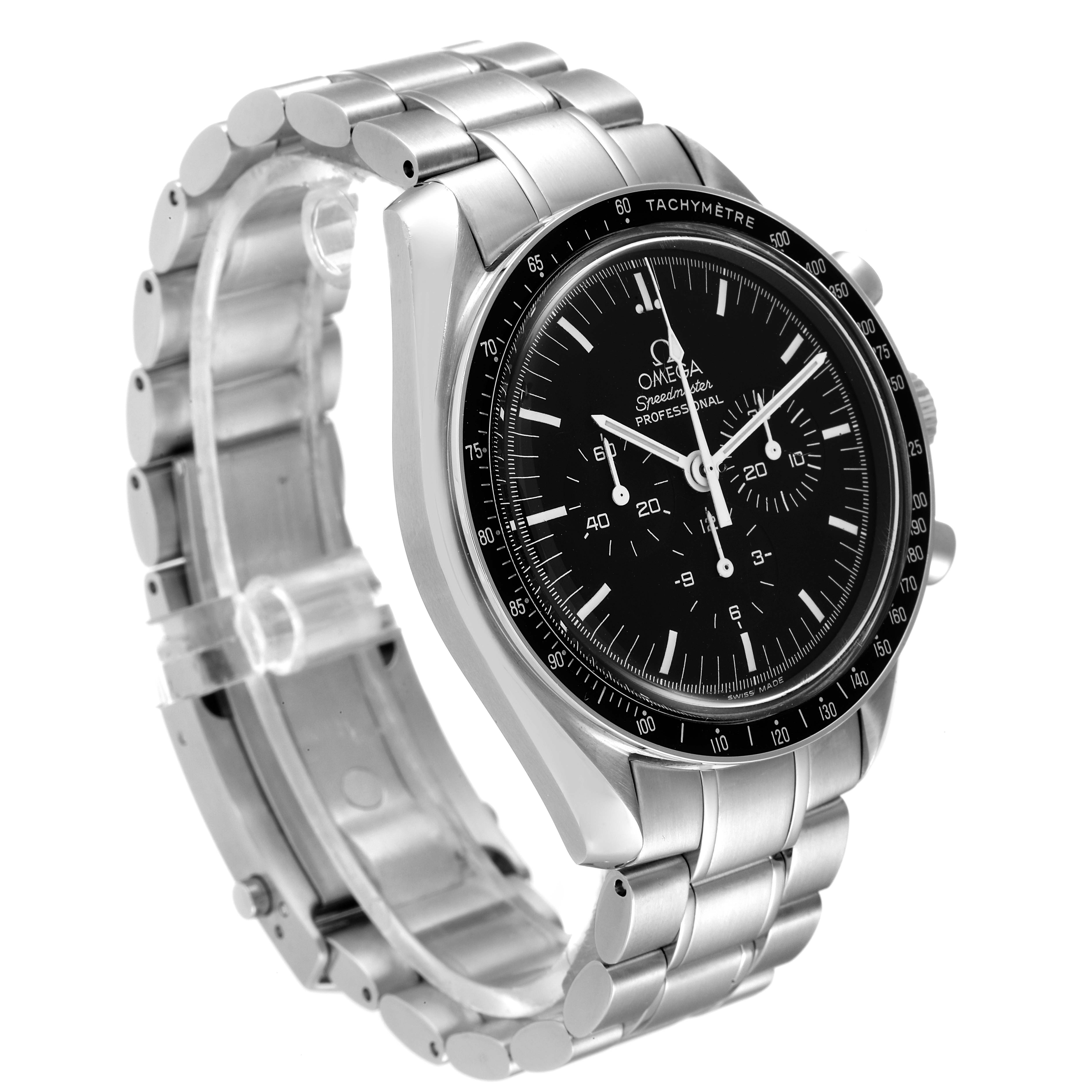 The image shows a side view of an Omega Speedmaster 3570.50.00 Men's Stainless Steel Black Dial 3570.50.00 Men's Stainless Steel Black Dial watch, highlighting its stainless steel bracelet, black dial, and tachymeter bezel.