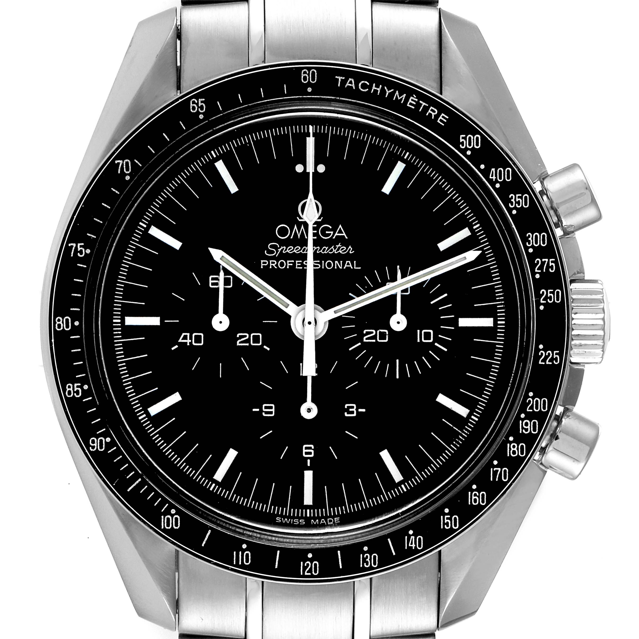 The image shows a front view of the Omega Speedmaster 3570.50.00 Men's Stainless Steel Black Dial 3570.50.00 Men's Stainless Steel Black Dial watch, displaying its dial, tachymeter bezel, and side push buttons.