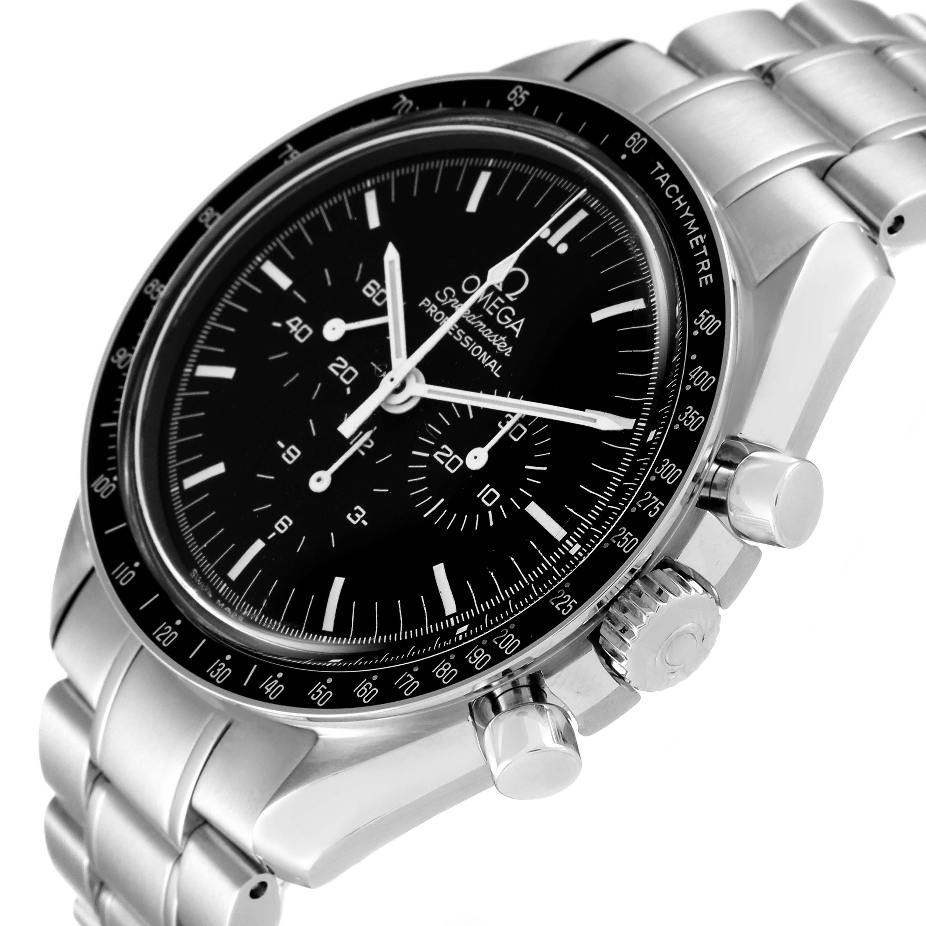 The Omega Speedmaster 3570.50.00 Men's Stainless Steel Black Dial 3570.50.00 Men's Stainless Steel Black Dial watch is shown at a slight angle, displaying the face, tachymeter bezel, chronograph pushers, and bracelet.