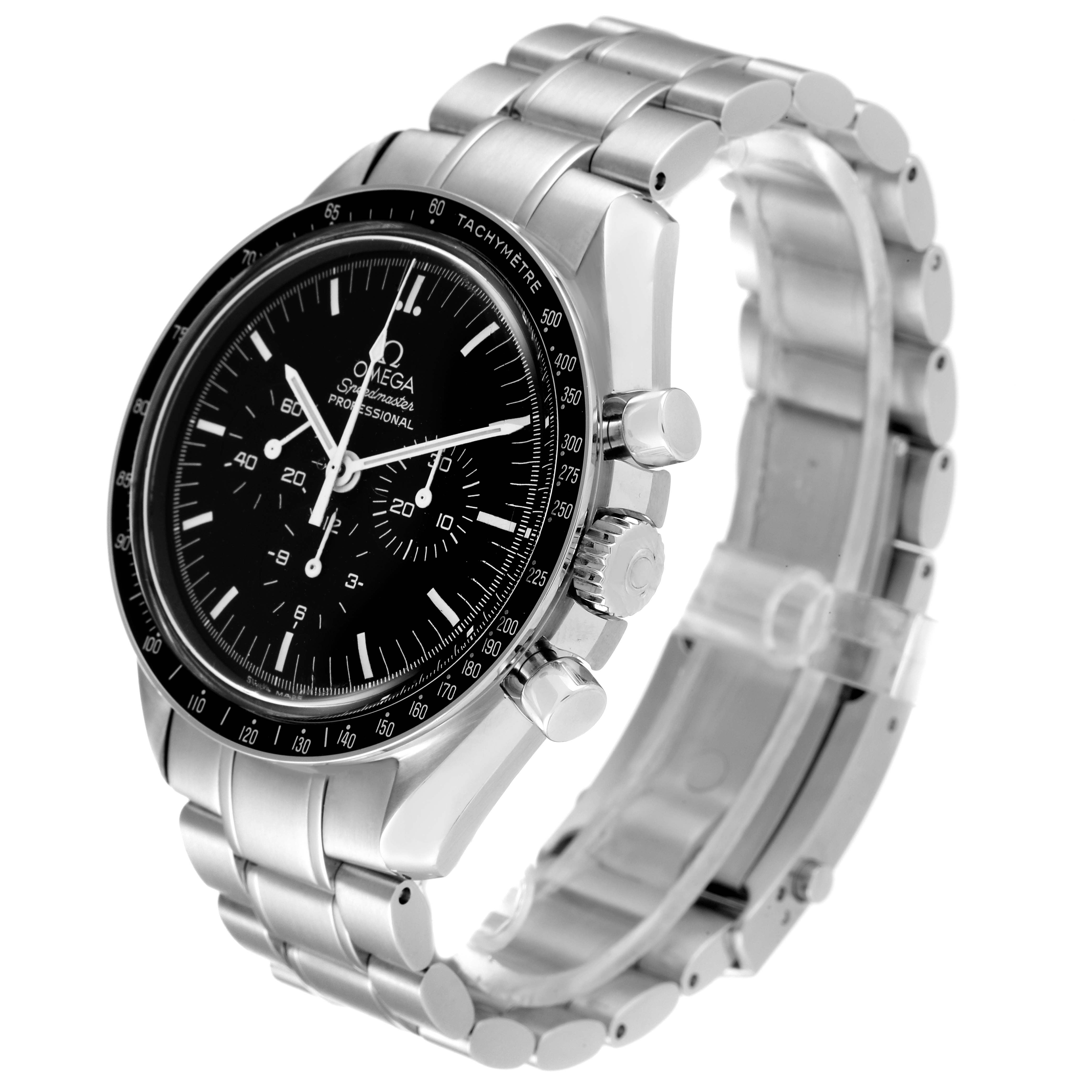 The image shows an angled view of the Omega Speedmaster 3570.50.00 Men's Stainless Steel Black Dial 3570.50.00 Men's Stainless Steel Black Dial watch, highlighting the face, bezel, crown, and stainless steel bracelet.