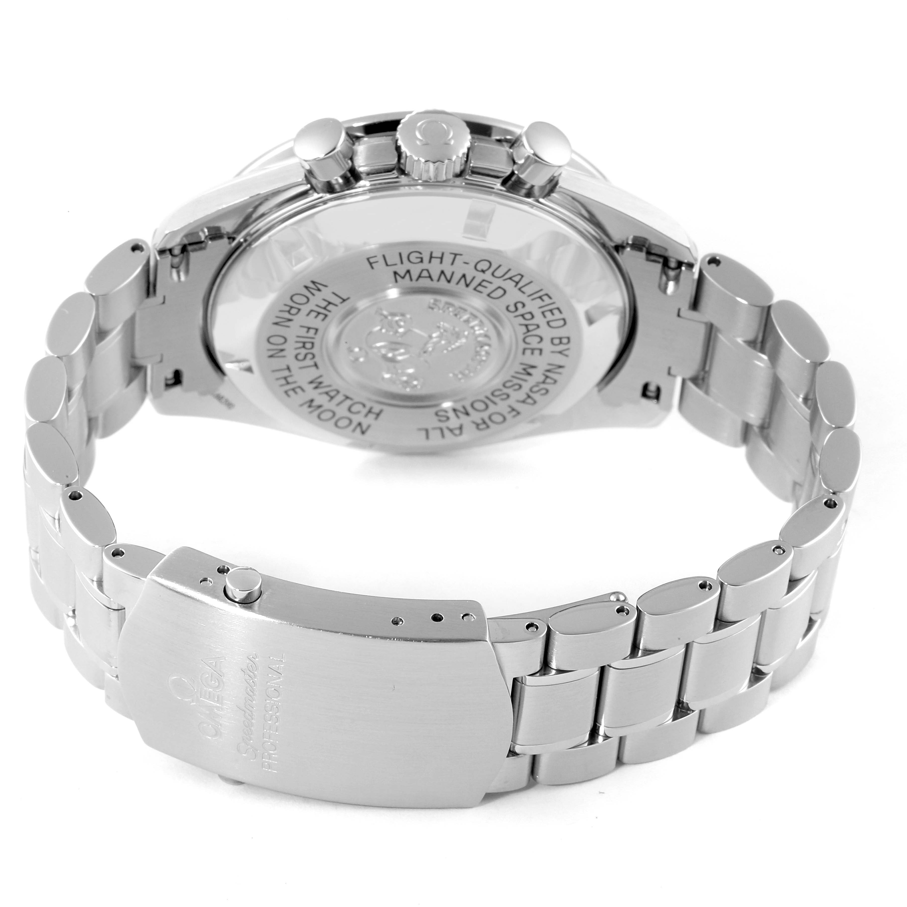 This image shows the back case and metal bracelet of an Omega Speedmaster 3570.50.00 Men's Stainless Steel Black Dial 3570.50.00 Men's Stainless Steel Black Dial watch, focusing on the clasp and case back engravings.