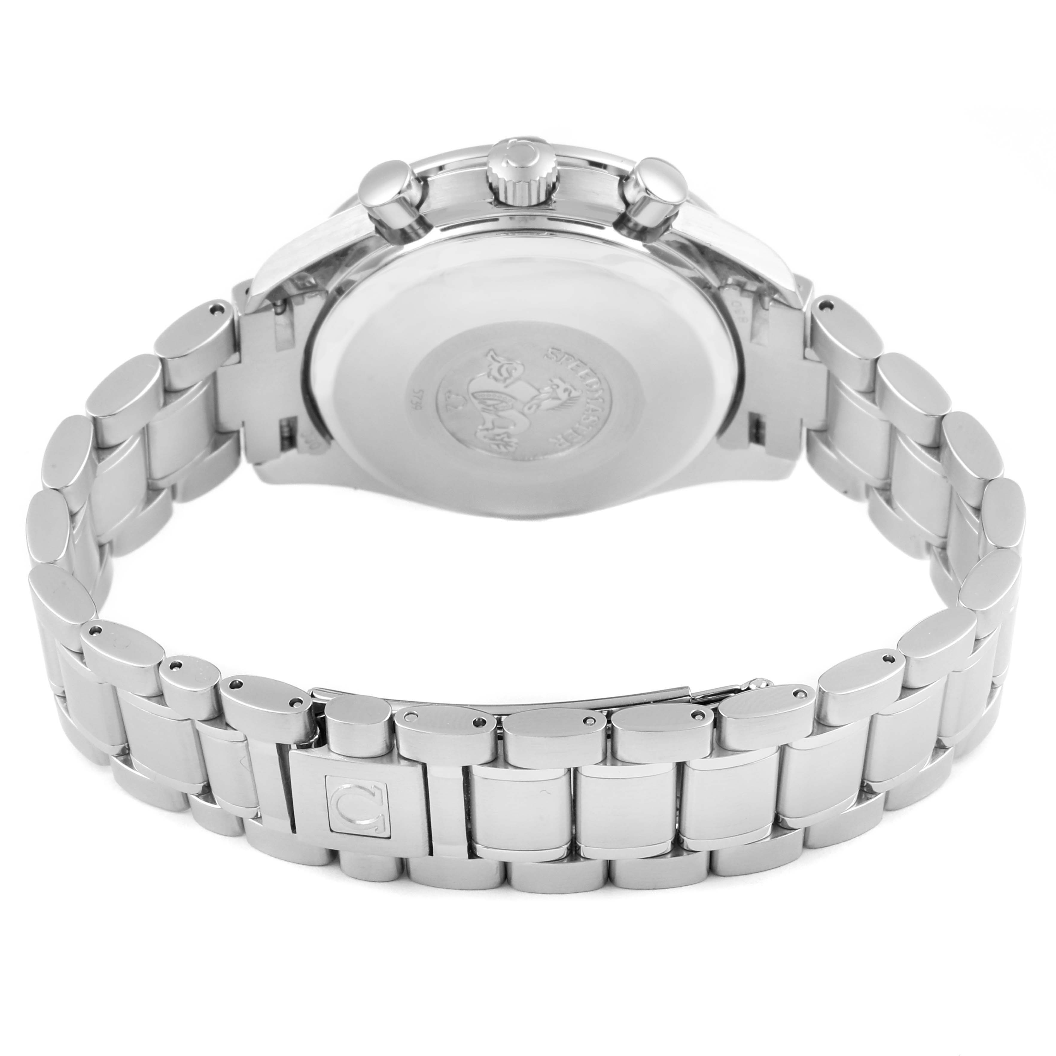 This image shows the back view of an Omega Speedmaster 3513.50.00 Men
s Stainless Steel Black Dial 3513.50.00 Men
s Stainless Steel Black Dial watch, highlighting the case back, bracelet, and clasp.