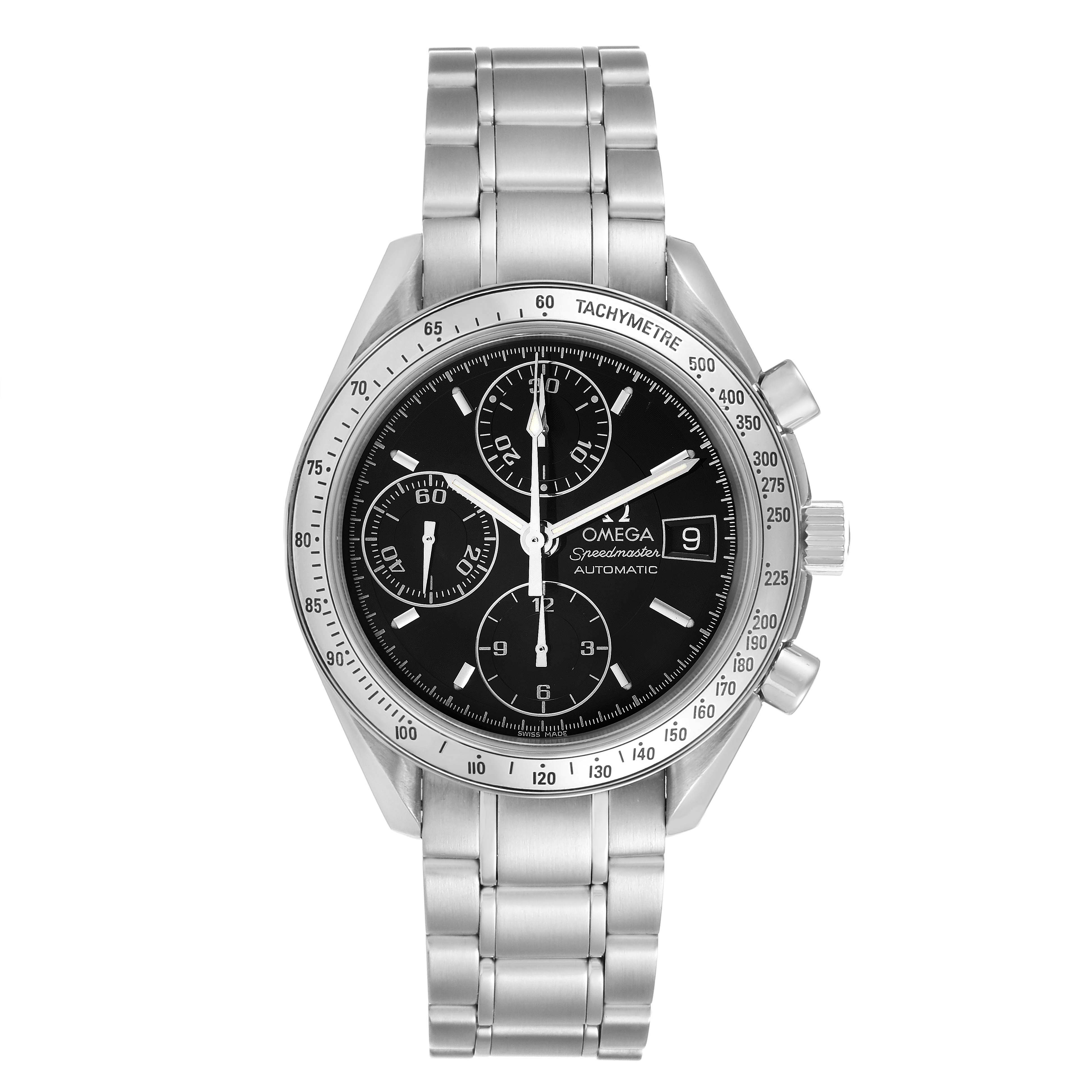 This image shows a front view of an Omega Speedmaster 3513.50.00 Men
s Stainless Steel Black Dial 3513.50.00 Men
s Stainless Steel Black Dial watch, highlighting the dial, bezel, chronograph subdials, and metal bracelet.